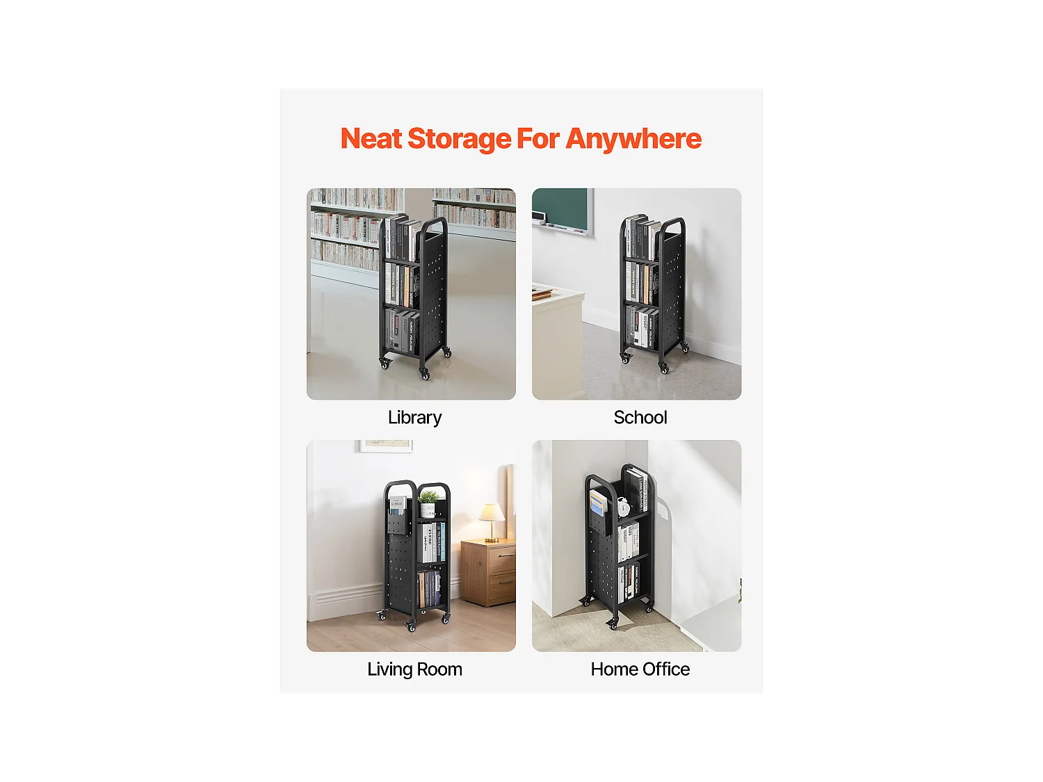 Chariot à Livres SucceBuy, Capacité de Charge 100 kg, Chariot de Bibliothèque, 32 x 35 x 93,5 cm, Étagère de Rangement Livres Simple Face en L, Noir