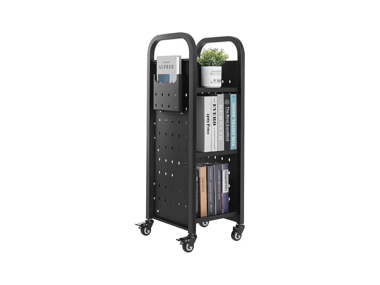 Chariot à Livres SucceBuy, Capacité de Charge 100 kg, Chariot de Bibliothèque, 32 x 35 x 93,5 cm, Étagère de Rangement Livres Simple Face en L, Noir