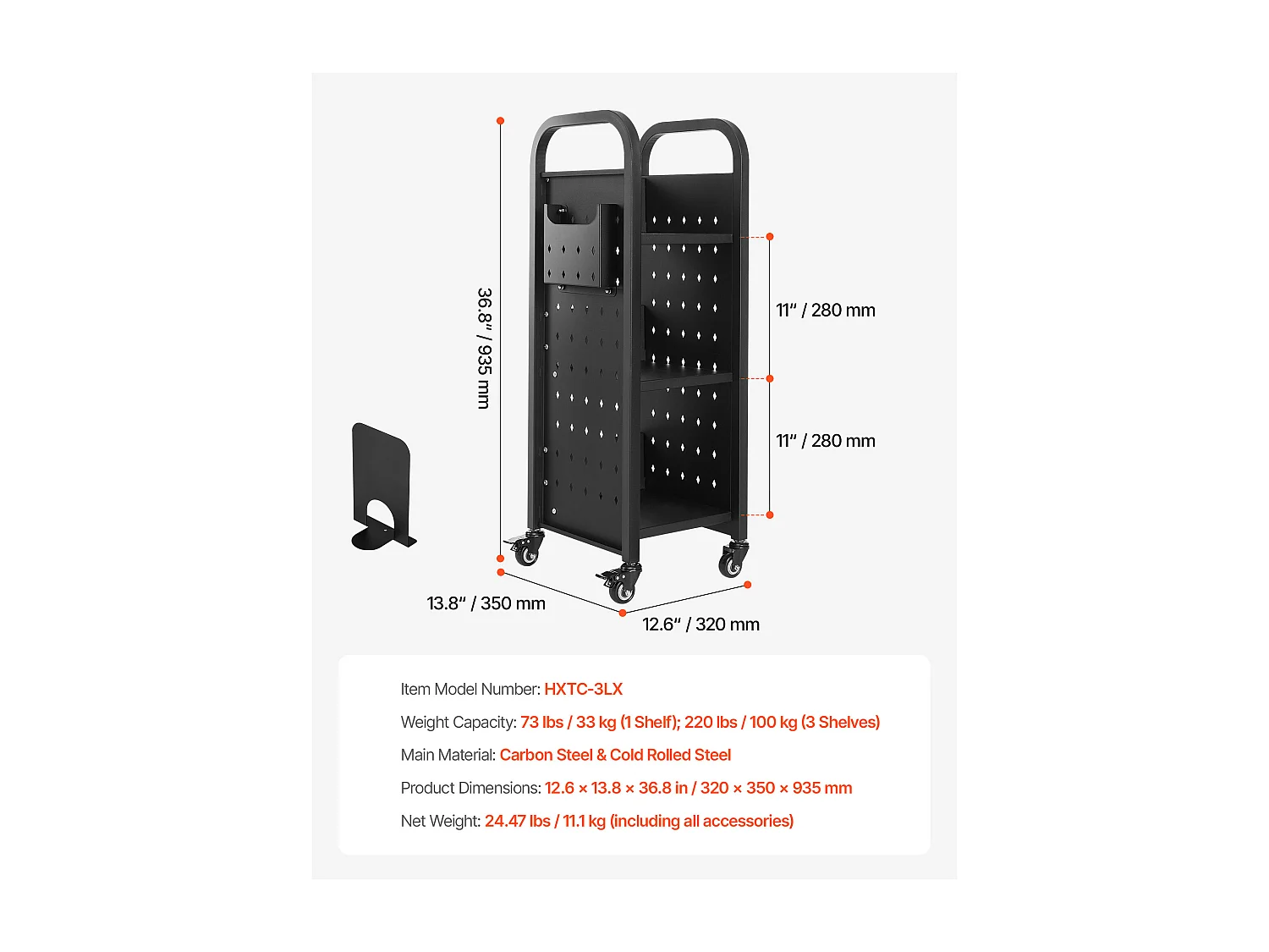 Carrello per Libri SucceBuy, Capacità di Carico 100 kg, Carrello da Biblioteca, 32 x 35 x 93,5 cm, Scaffale di Archivazione Libri Faccia Singola a L, Nero