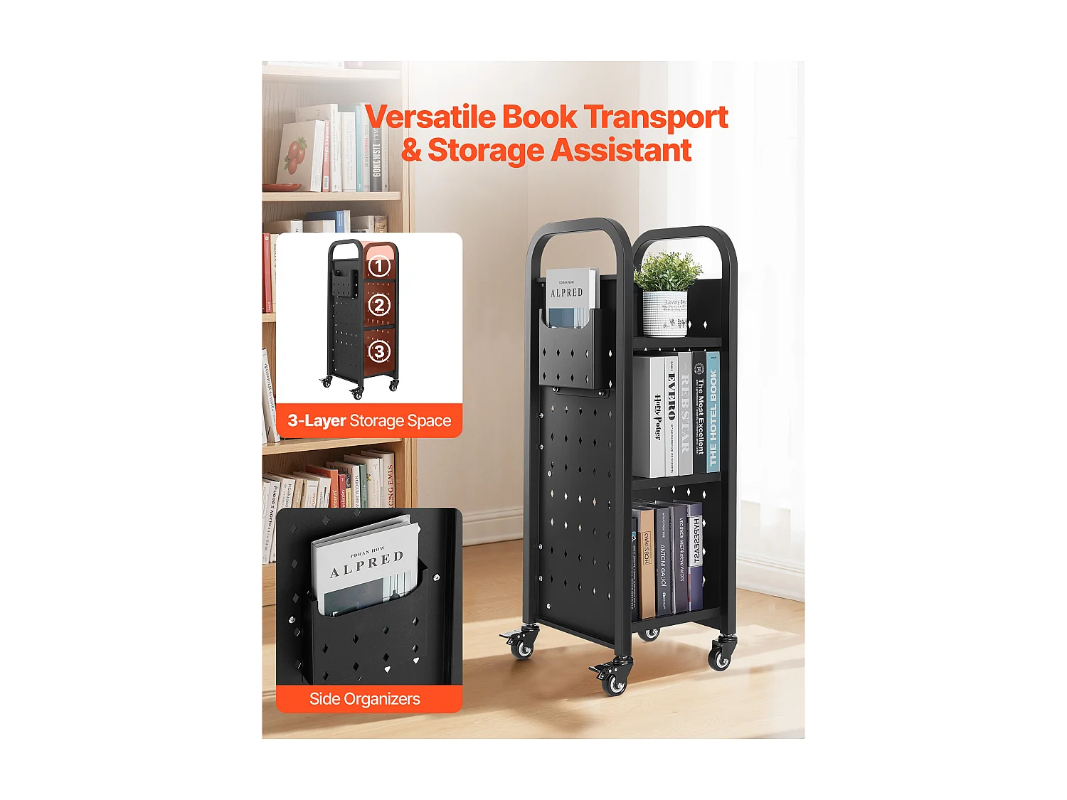 Carrello per Libri SucceBuy, Capacità di Carico 100 kg, Carrello da Biblioteca, 32 x 35 x 93,5 cm, Scaffale di Archivazione Libri Faccia Singola a L, Nero