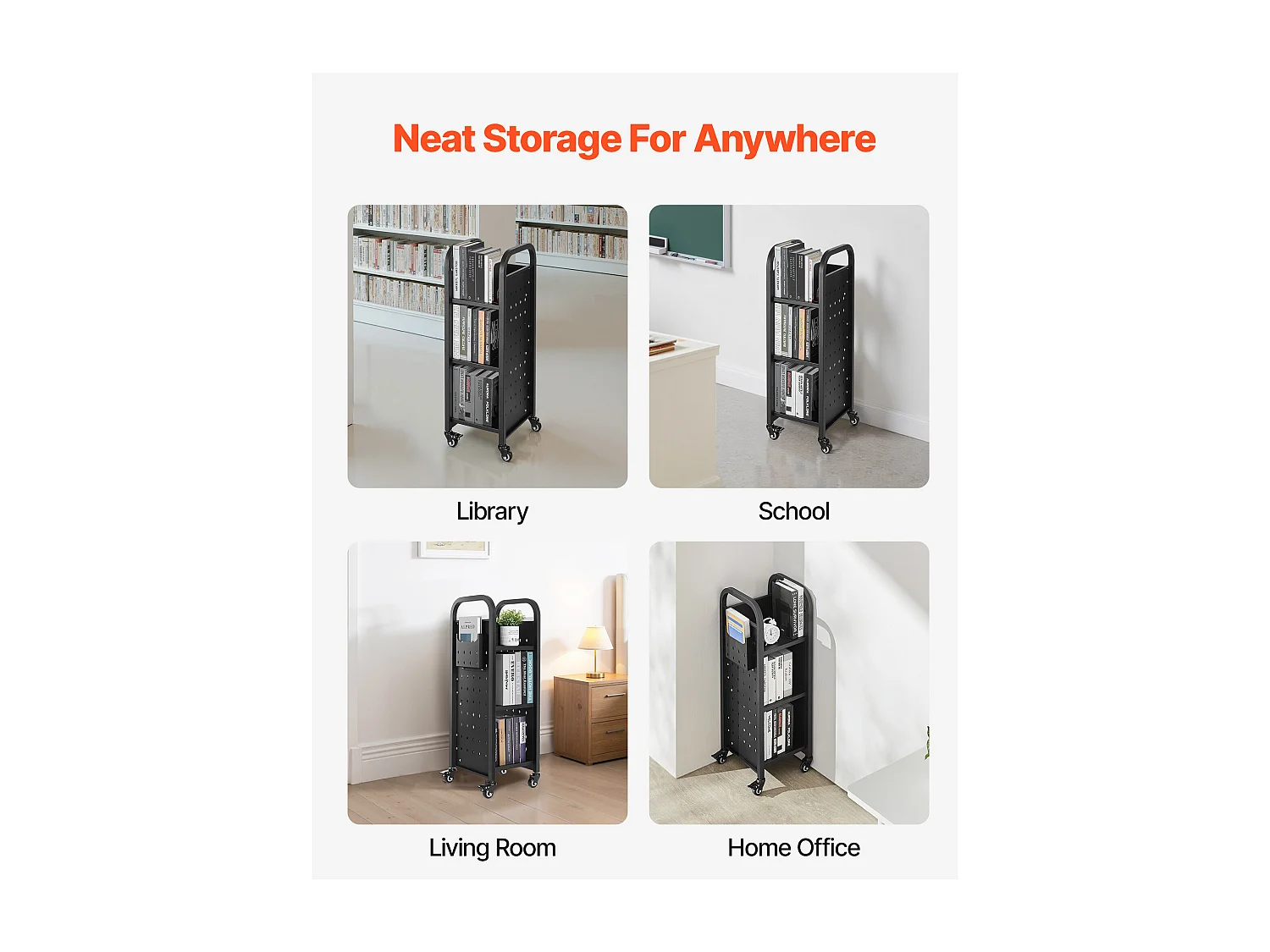 Carrello per Libri SucceBuy, Capacità di Carico 100 kg, Carrello da Biblioteca, 32 x 35 x 93,5 cm, Scaffale di Archivazione Libri Faccia Singola a L, Nero