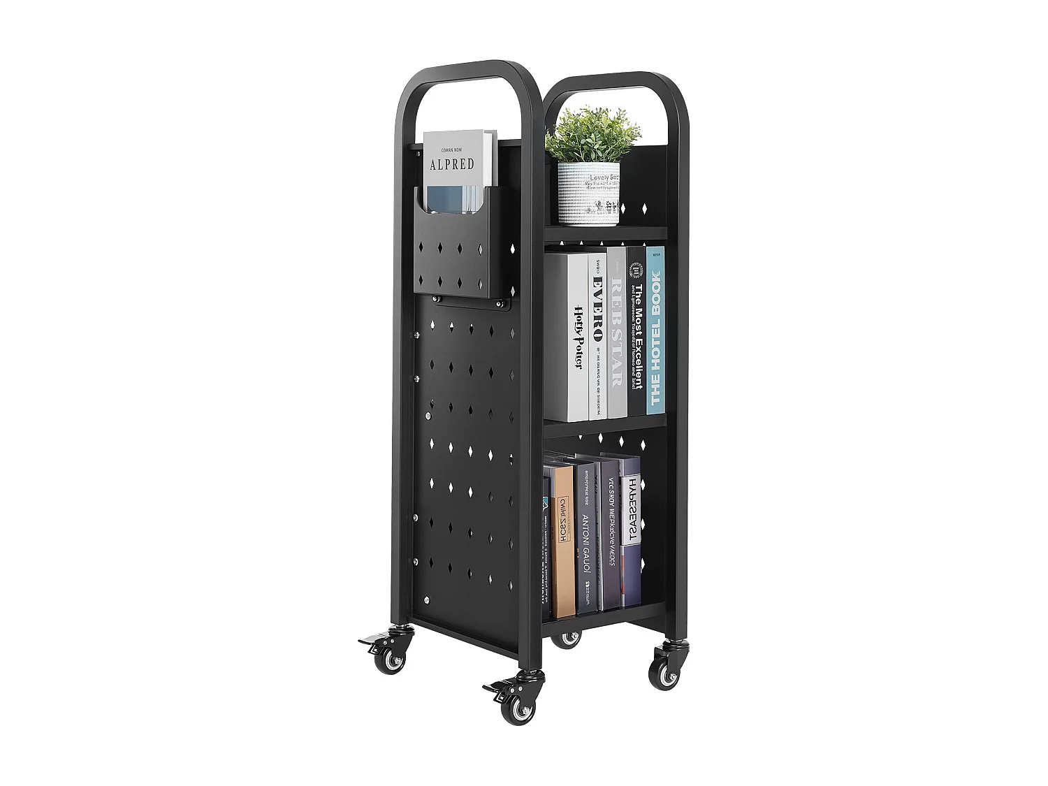 Carrello per Libri SucceBuy, Capacità di Carico 100 kg, Carrello da Biblioteca, 32 x 35 x 93,5 cm, Scaffale di Archivazione Libri Faccia Singola a L, Nero