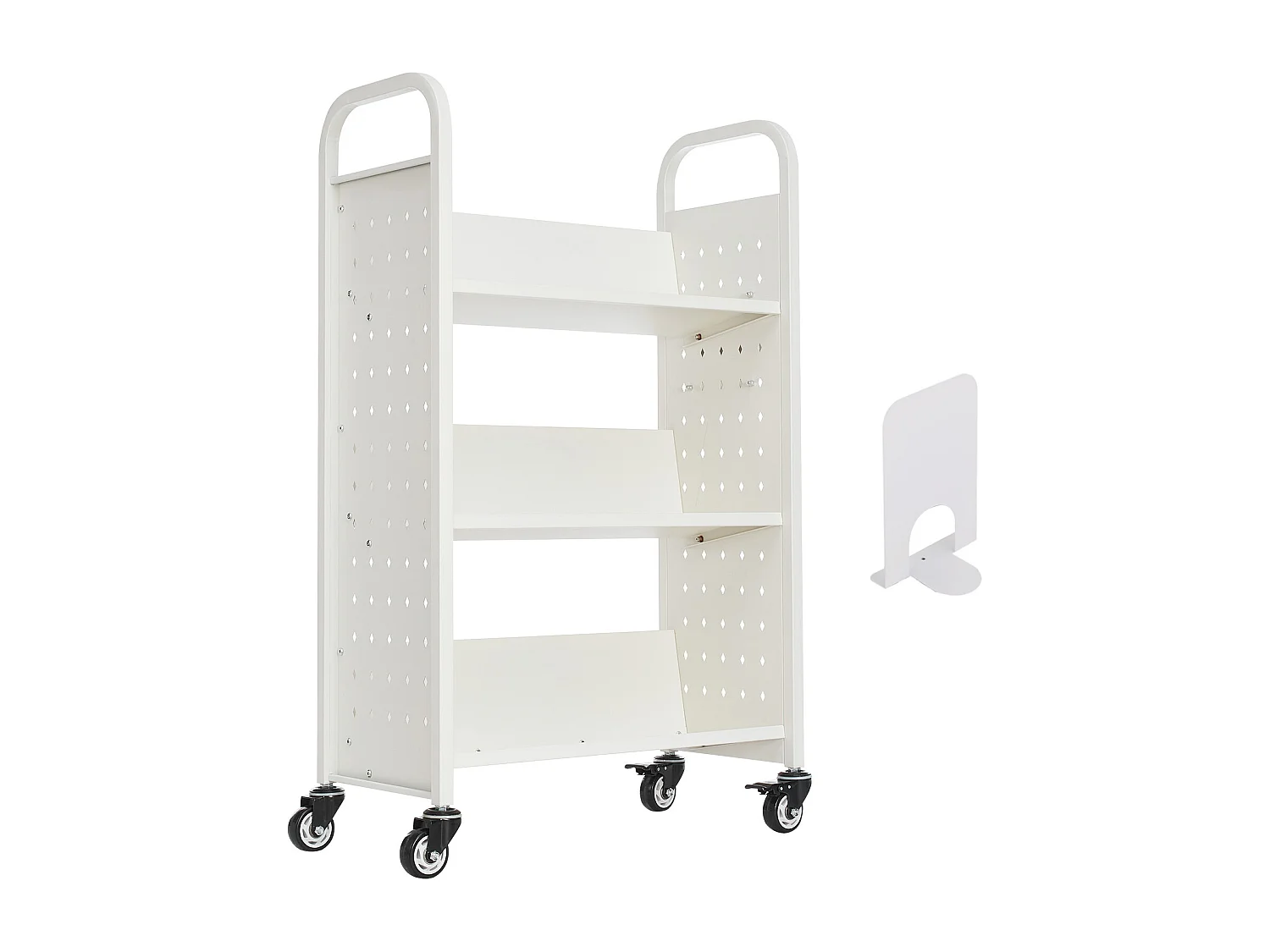 Wózek na Książki SucceBuy, Nośność 150 kg, Wózek Biblioteczny, 77 x 38 x 122 cm, Półka do Przechowywania Książek Jednostronna w V, Biały