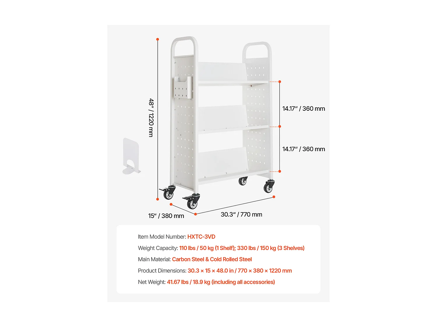 Wózek na Książki SucceBuy, Nośność 150 kg, Wózek Biblioteczny, 77 x 38 x 122 cm, Półka do Przechowywania Książek Jednostronna w V, Biały