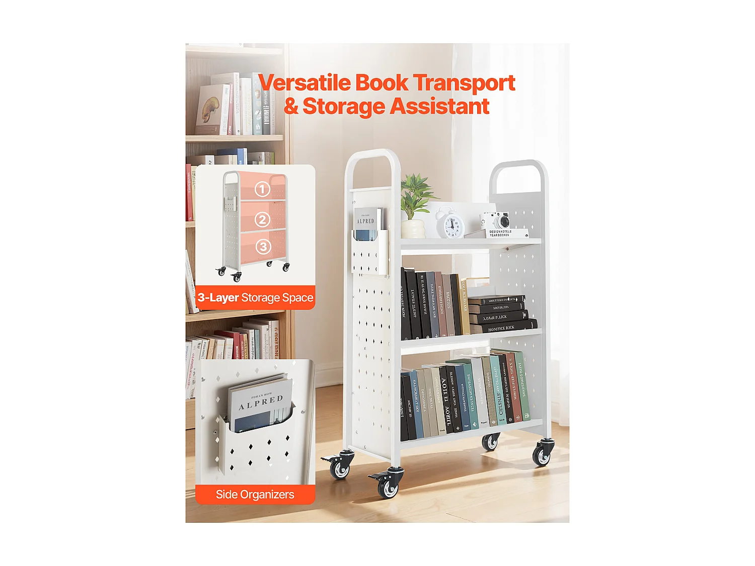Wózek na Książki SucceBuy, Nośność 150 kg, Wózek Biblioteczny, 77 x 38 x 122 cm, Półka do Przechowywania Książek Jednostronna w V, Biały