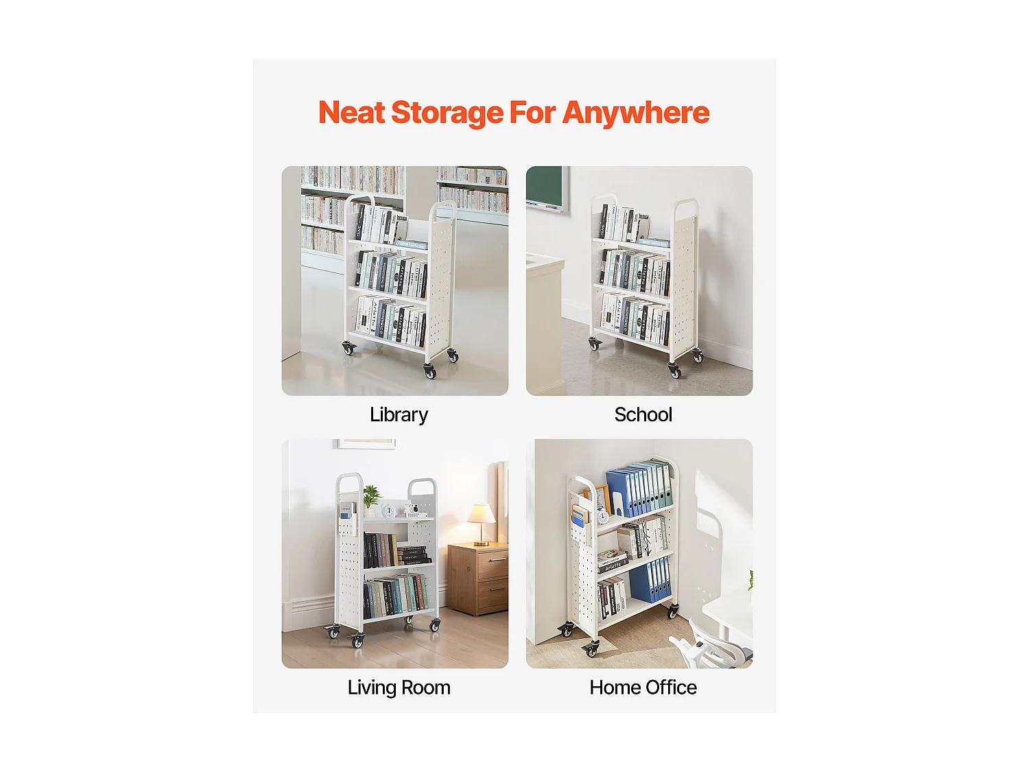 Wózek na Książki SucceBuy, Nośność 150 kg, Wózek Biblioteczny, 77 x 38 x 122 cm, Półka do Przechowywania Książek Jednostronna w V, Biały