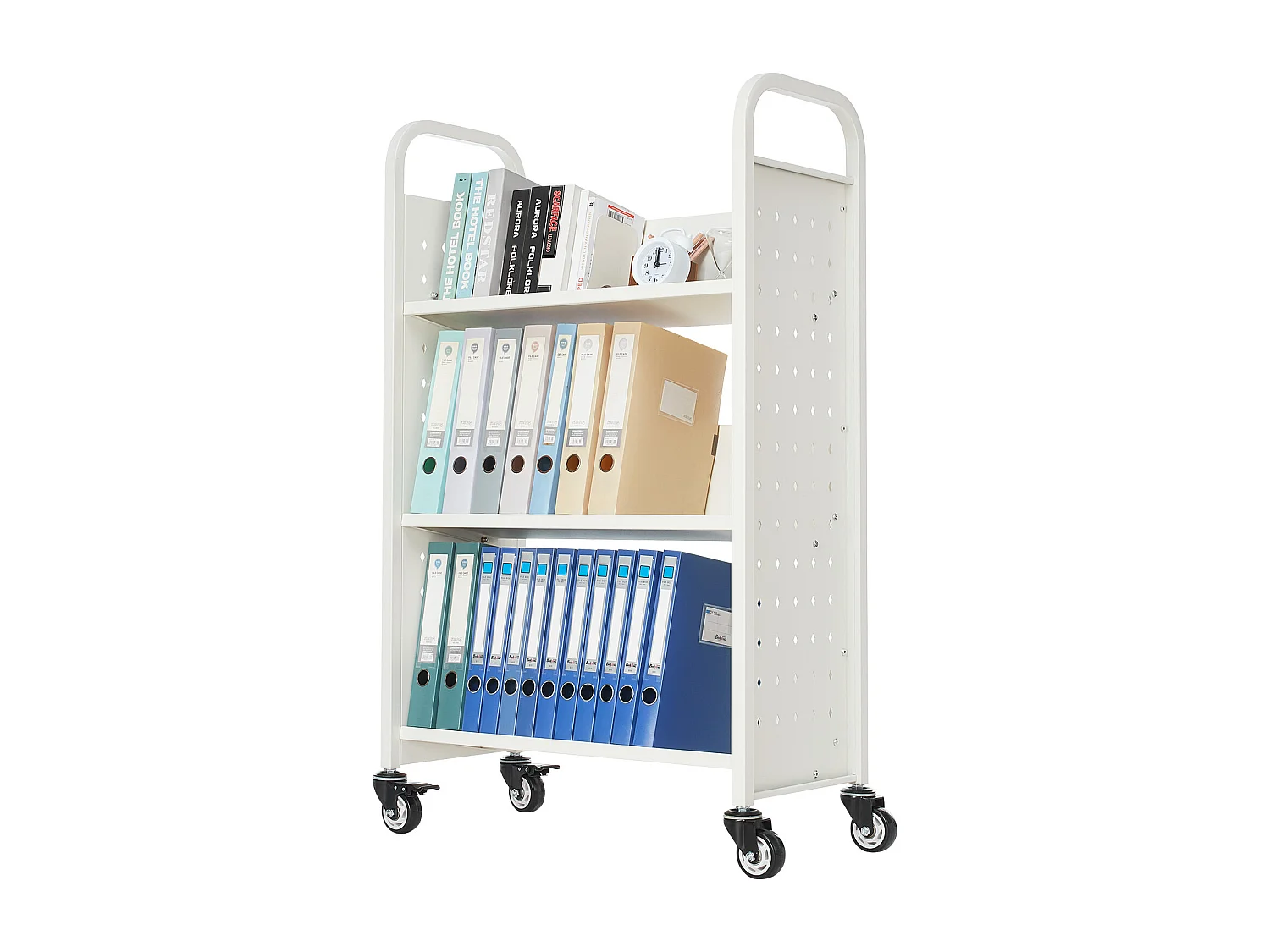 Wózek na Książki SucceBuy, Nośność 150 kg, Wózek Biblioteczny, 77 x 38 x 122 cm, Półka do Przechowywania Książek Jednostronna w V, Biały