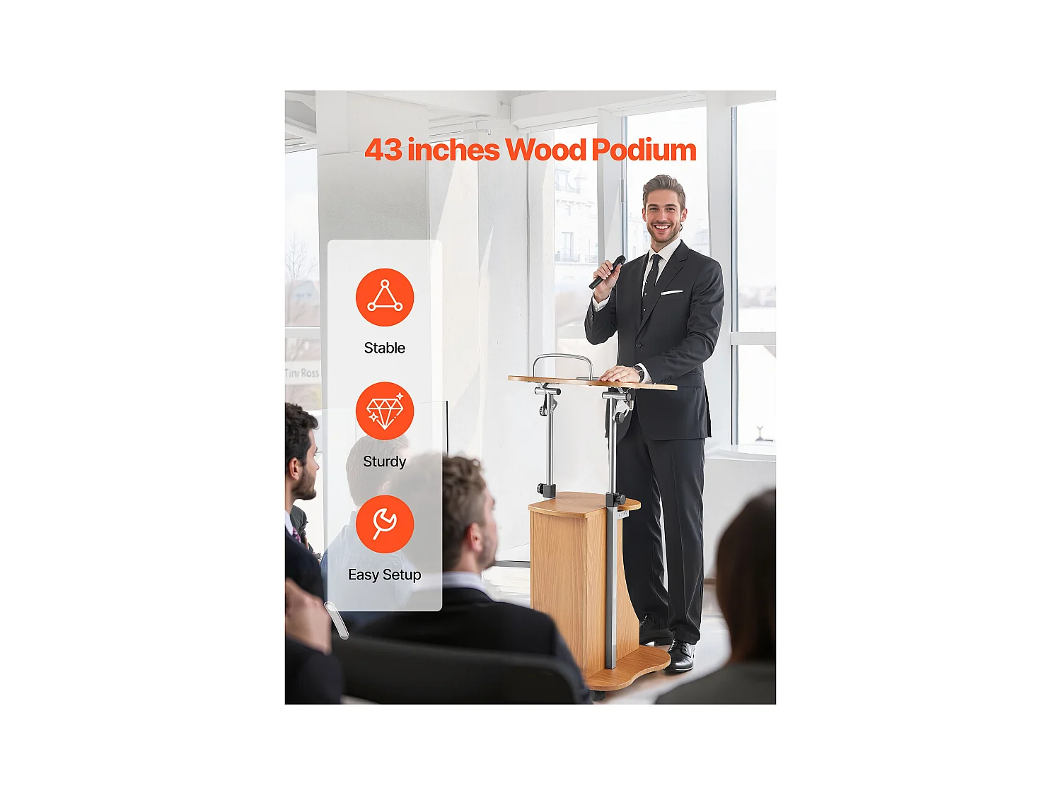 Pupitre de Conférence SucceBuy, 110 cm, Podium en Bois, Lutrin pour Présentation avec Roulettes Verrouillables, Hauteur et Angle Réglables, Bureau