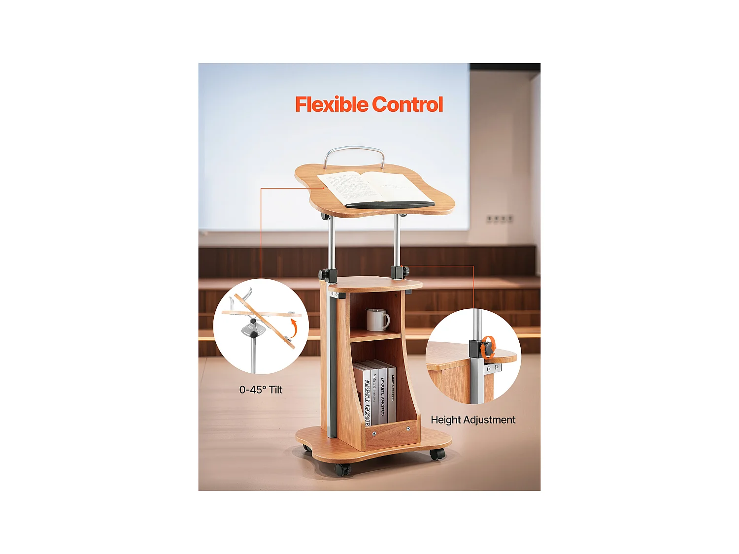 Pupitre de Conférence SucceBuy, 110 cm, Podium en Bois, Lutrin pour Présentation avec Roulettes Verrouillables, Hauteur et Angle Réglables, Bureau
