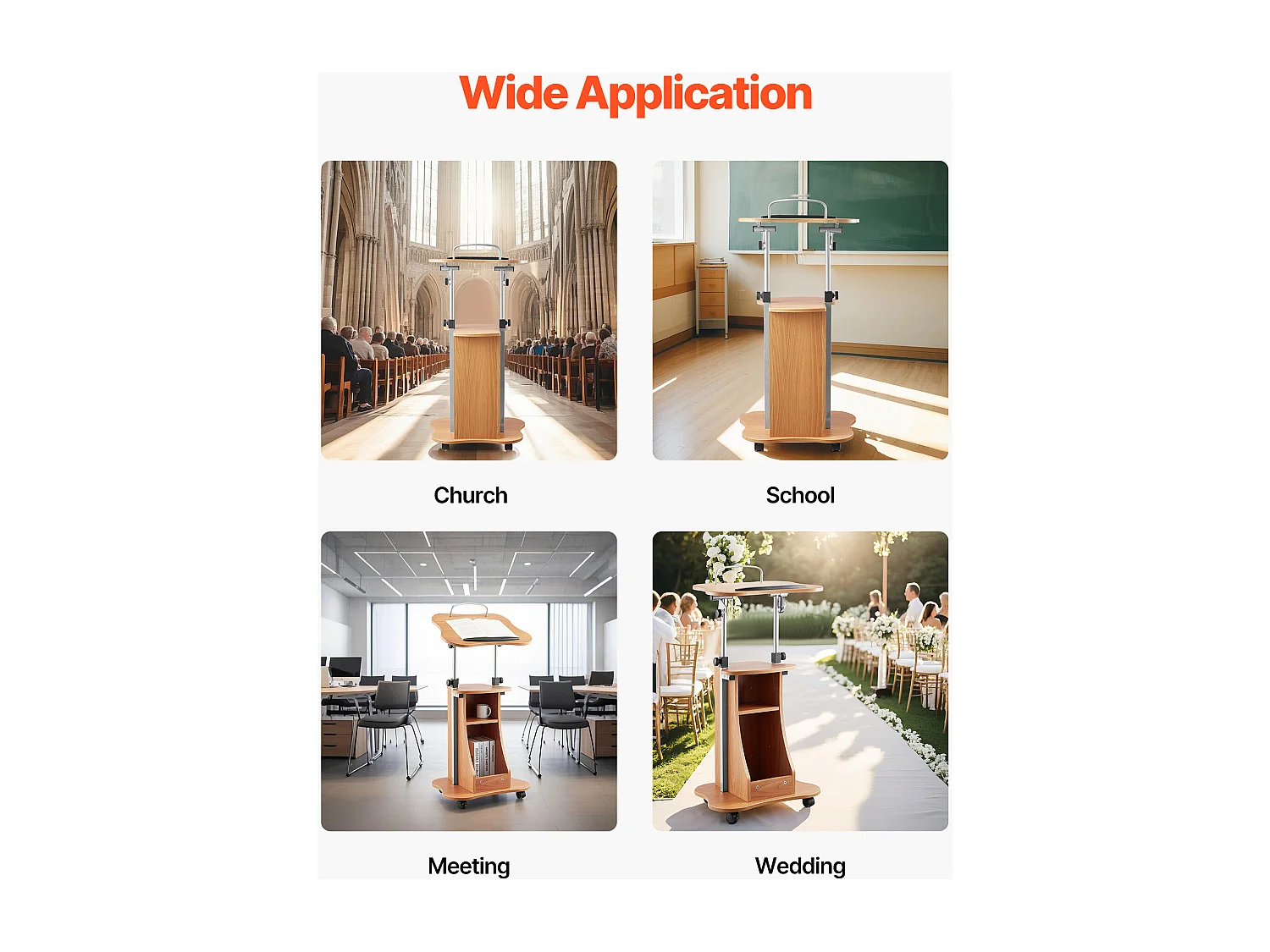 Pupitre da Conferenza SucceBuy, 110 cm, Podio in Legno, Leggio per Presentazioni con Ruote Bloccabili, Altezza e Angolazione Regolabili, Scrivania