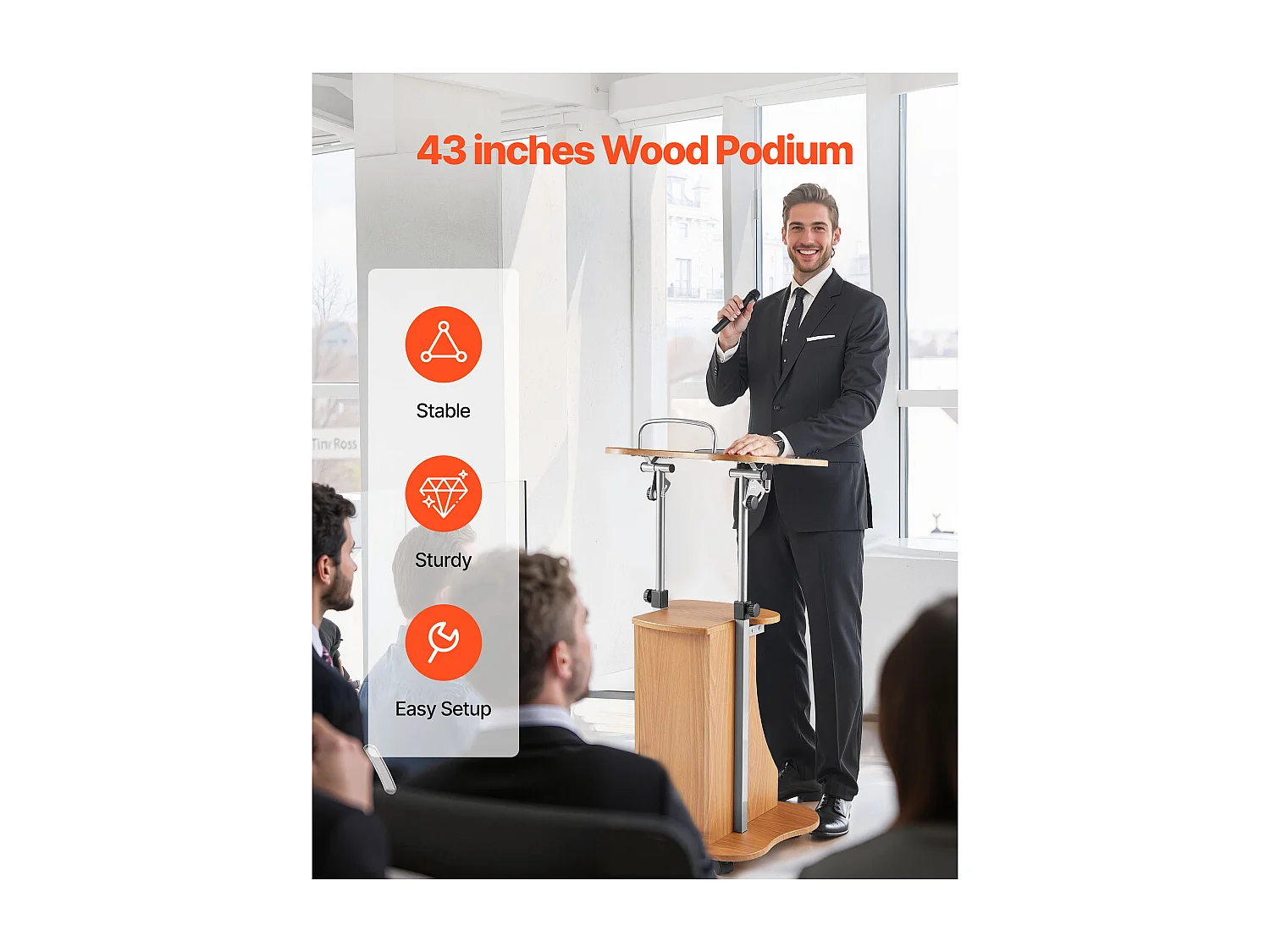 Pupitre da Conferenza SucceBuy, 110 cm, Podio in Legno, Leggio per Presentazioni con Ruote Bloccabili, Altezza e Angolazione Regolabili, Scrivania