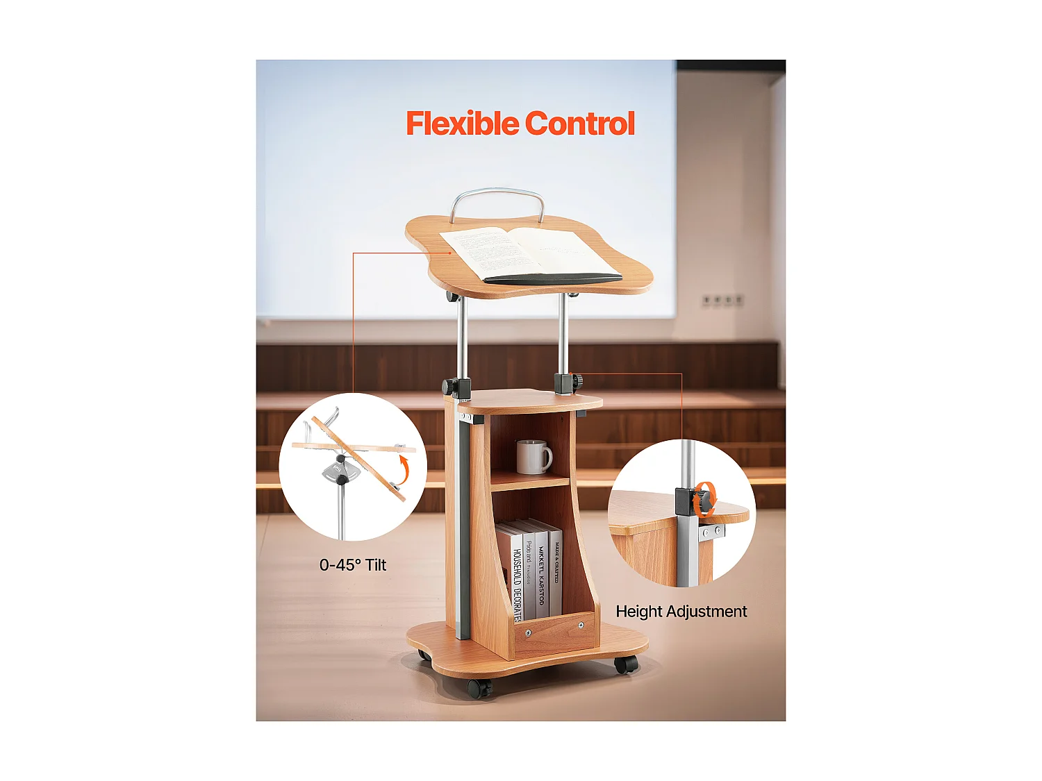 Pupitre da Conferenza SucceBuy, 110 cm, Podio in Legno, Leggio per Presentazioni con Ruote Bloccabili, Altezza e Angolazione Regolabili, Scrivania