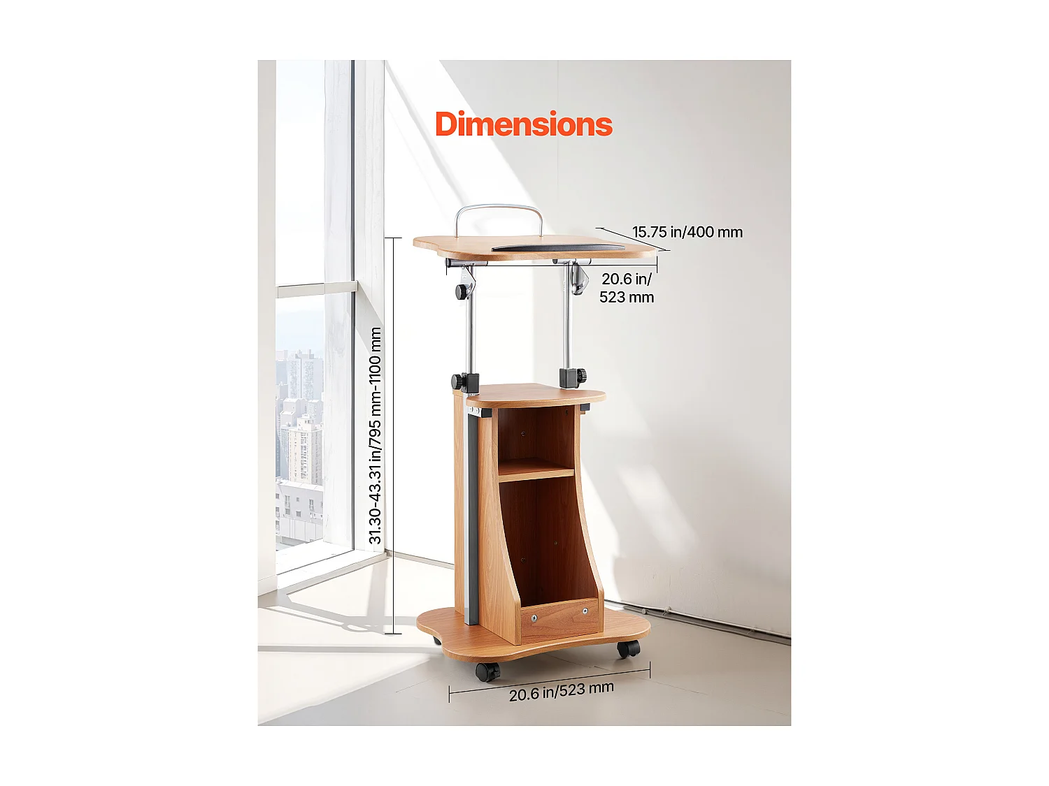 Pupitre da Conferenza SucceBuy, 110 cm, Podio in Legno, Leggio per Presentazioni con Ruote Bloccabili, Altezza e Angolazione Regolabili, Scrivania