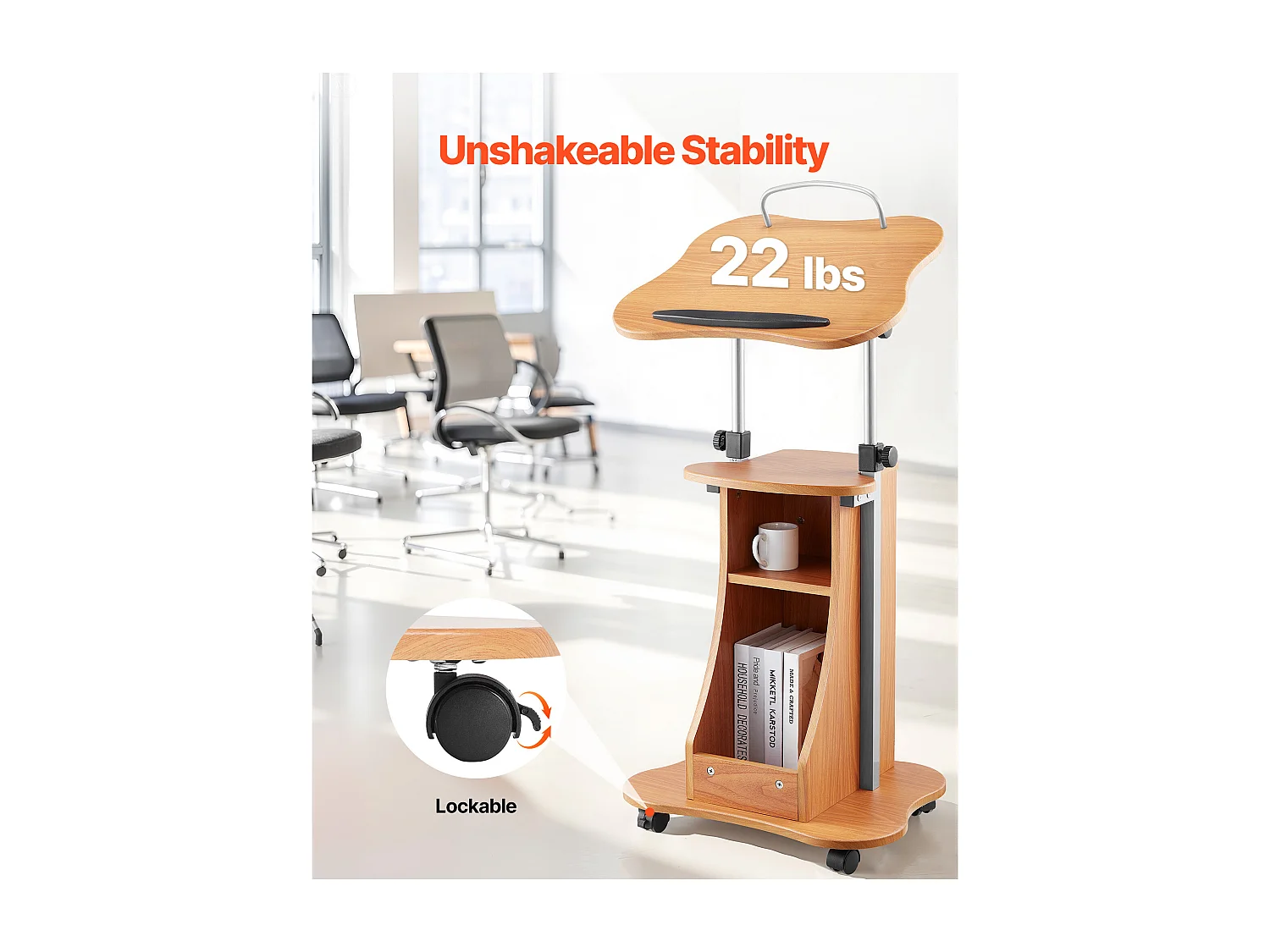 Pupitre da Conferenza SucceBuy, 110 cm, Podio in Legno, Leggio per Presentazioni con Ruote Bloccabili, Altezza e Angolazione Regolabili, Scrivania