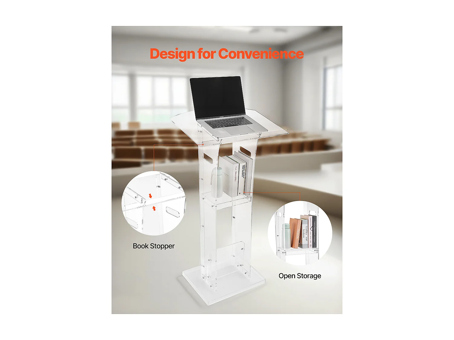 Pulpit Konferencyjny SucceBuy 109 cm, Podium na Nodze z Akrylu, Pulpit do Prezentacji z Dużą Powierzchnią do Czytania, Uchwyt na Książkę i Półka