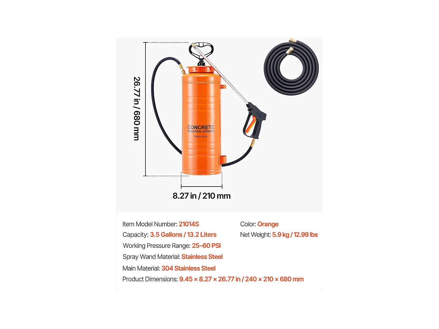 Industriële Roestvrijstalen Sproeier SucceBuy, Inhoud Ca. 13,2 l, Handpomp, met Spuitlans 52 cm, Slang 1,2 m en 3 m, 2 Messing Spuitmonden