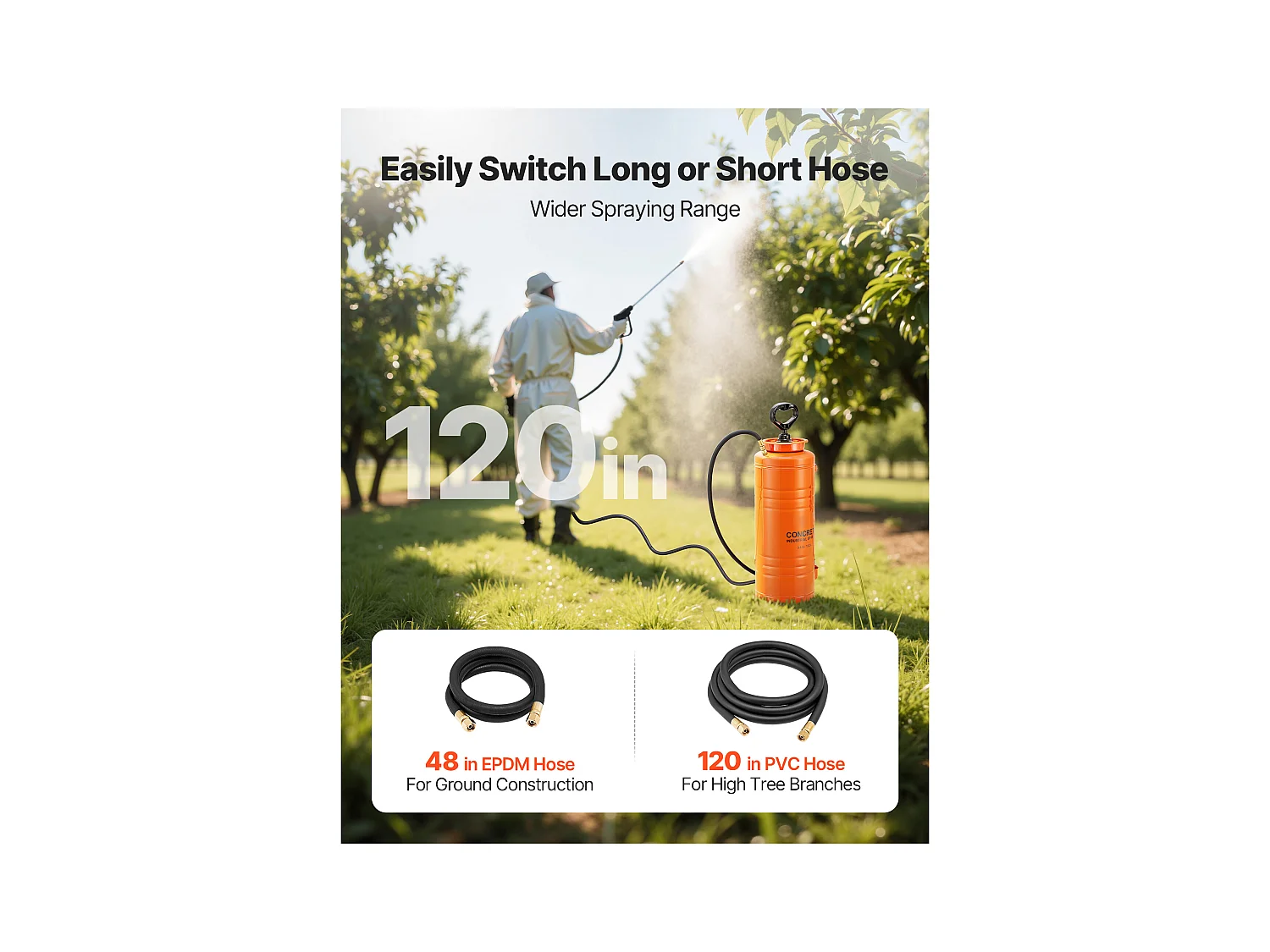 Industriële Roestvrijstalen Sproeier SucceBuy, Inhoud Ca. 13,2 l, Handpomp, met Spuitlans 52 cm, Slang 1,2 m en 3 m, 2 Messing Spuitmonden