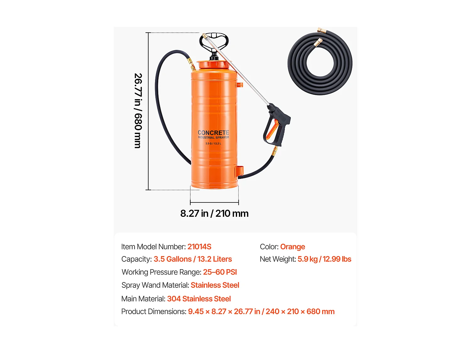 Edelstahl-Sprühgerät SucceBuy für den Industriellen Einsatz, 13,2 l, Handpumpe, mit 52 cm Langer Spritzlanze, 1,2 m und 3 m Langem Schlauch, 2 Messingdüsen