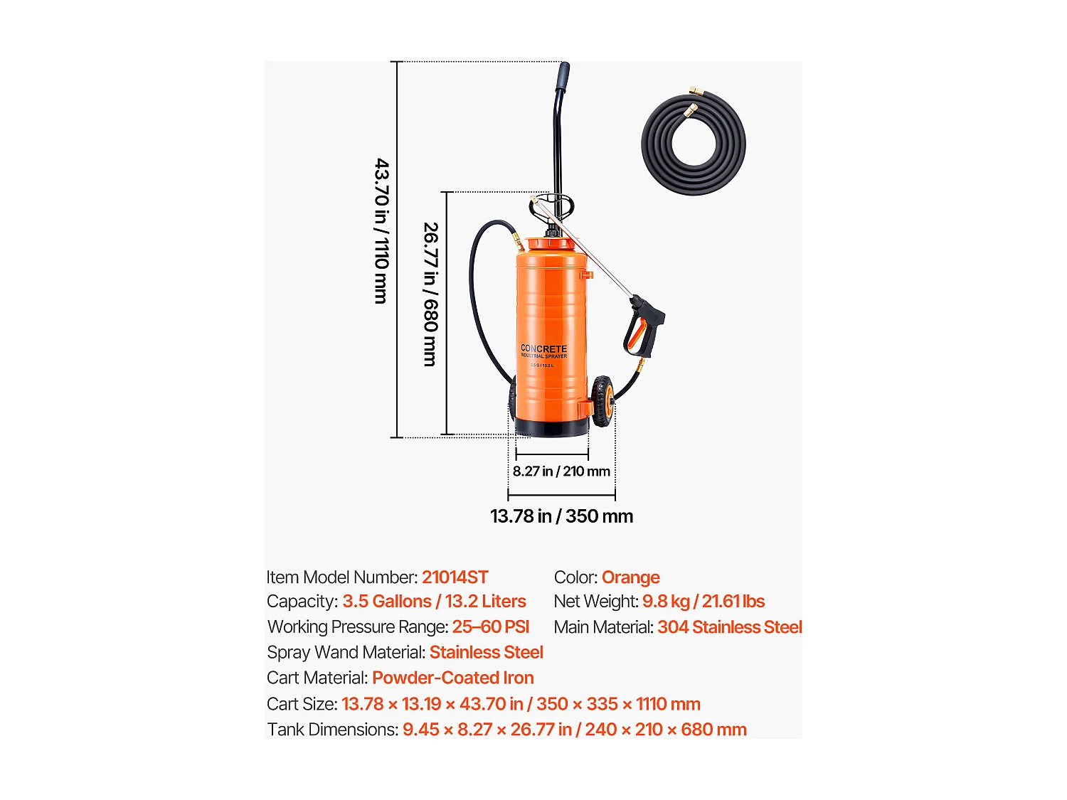 Pulvérisateur SucceBuy Acier Inoxydable Industriel à Roulettes, Capacité Env. 13,2 L, Pompe Manuelle, avec Lance 52 cm, Tuyau 1,2 m et 3 m, 2 Buses Laiton