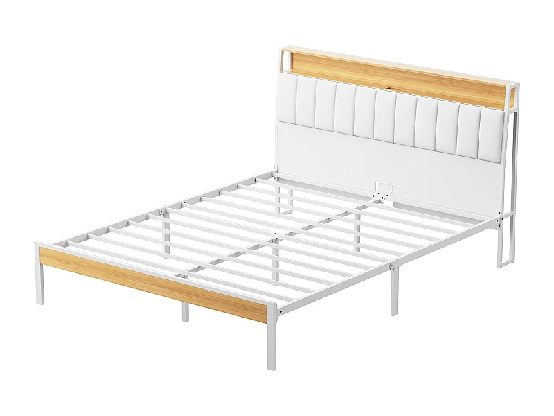Cadre de lit, 140 x 200 avec Base en métal, avec lumières LED et Prises Multiples (1 Prise AC, 2 Ports USB), lit Double en métal avec casiers, Moderne, Beige