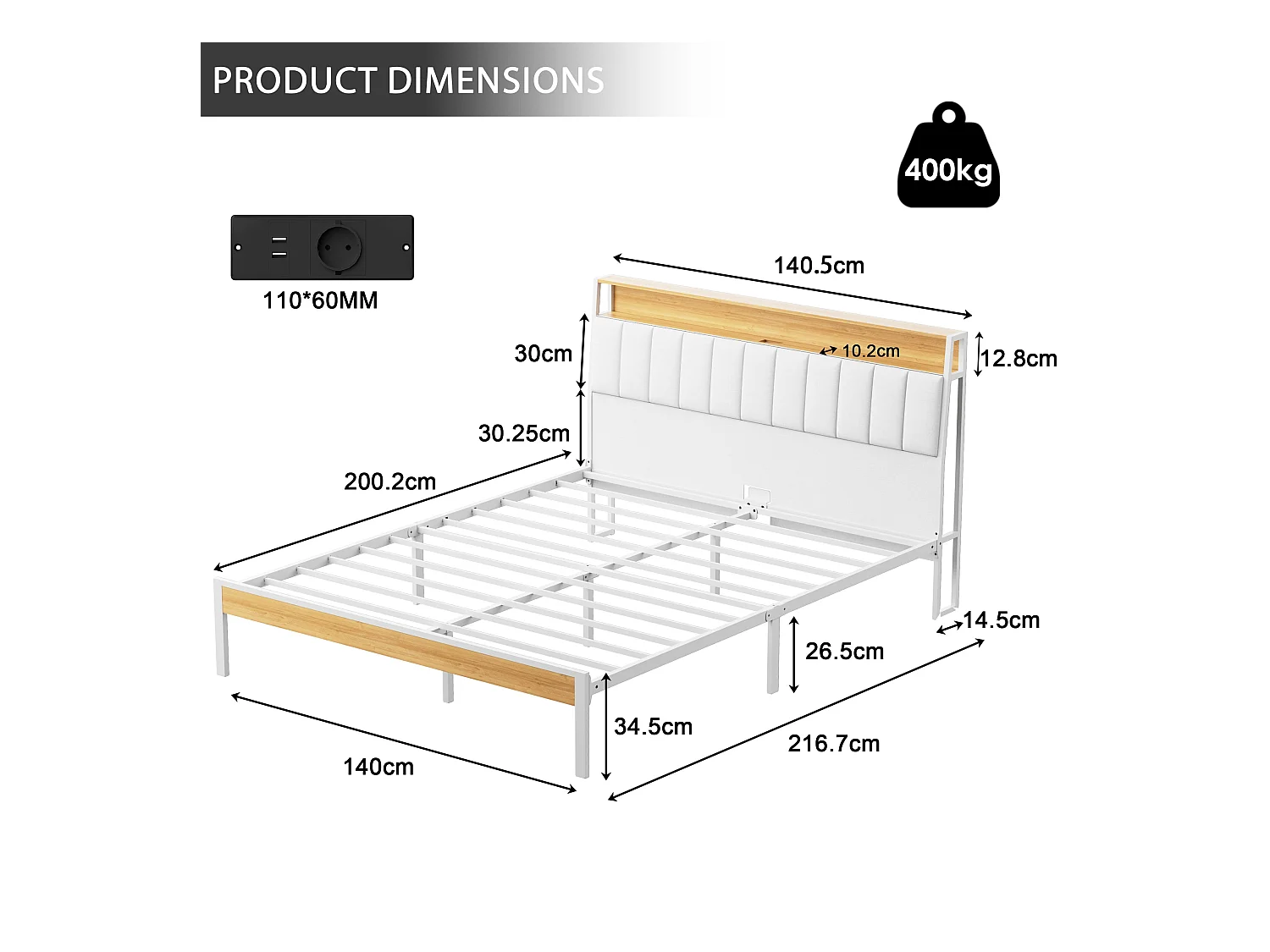 Cadre de lit, 140 x 200 avec Base en métal, avec lumières LED et Prises Multiples (1 Prise AC, 2 Ports USB), lit Double en métal avec casiers, Moderne, Beige