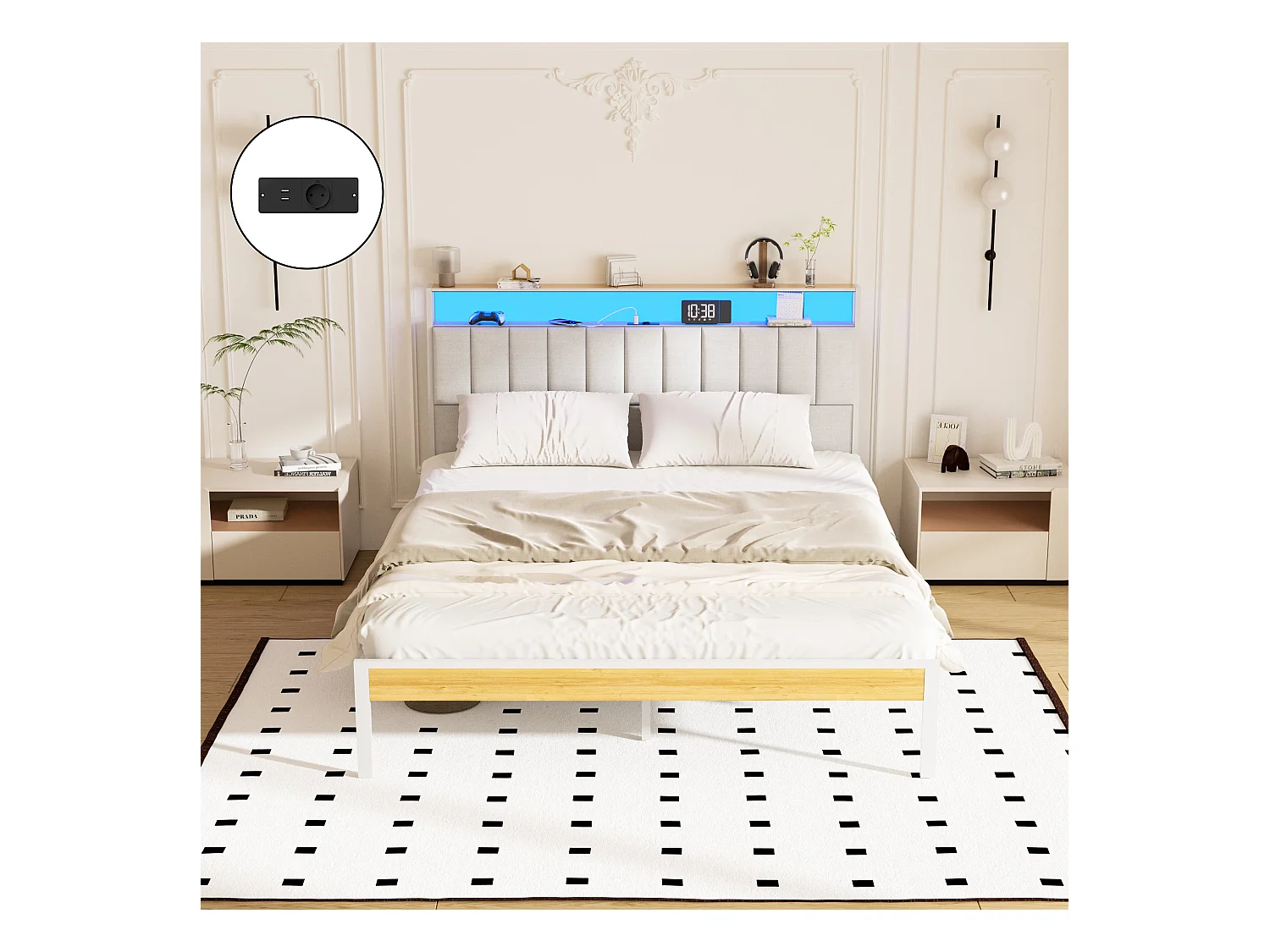 Cadre de lit, 140 x 200 avec Base en métal, avec lumières LED et Prises Multiples (1 Prise AC, 2 Ports USB), lit Double en métal avec casiers, Moderne, Beige