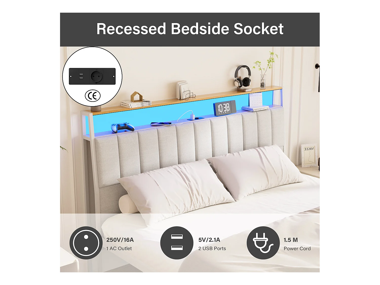 Cadre de lit, 140 x 200 avec Base en métal, avec lumières LED et Prises Multiples (1 Prise AC, 2 Ports USB), lit Double en métal avec casiers, Moderne, Beige