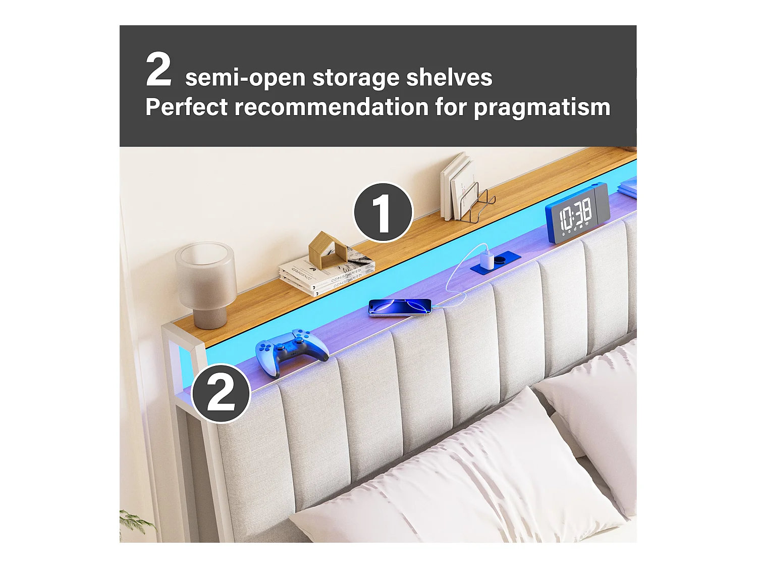 Cadre de lit, 140 x 200 avec Base en métal, avec lumières LED et Prises Multiples (1 Prise AC, 2 Ports USB), lit Double en métal avec casiers, Moderne, Beige