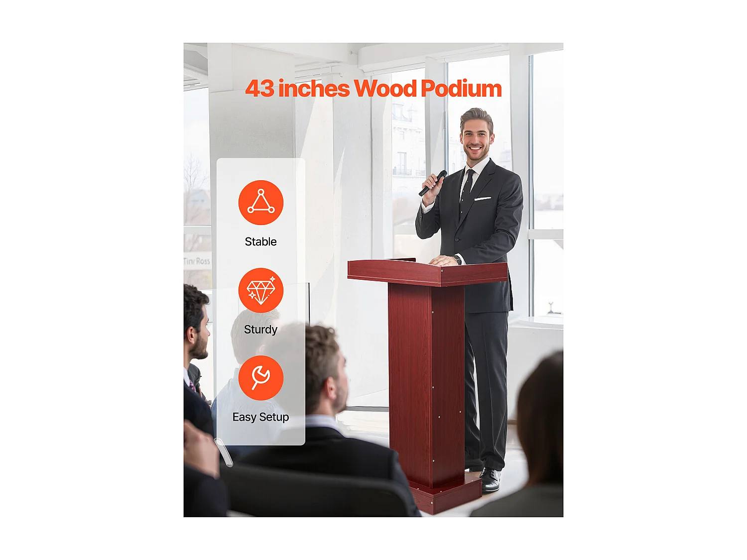 Atril de Conferencia SucceBuy 105 cm, Podio de Pie en Madera, Atril para Presentación con Amplia Superficie de Lectura, Topes para Libros y Estante