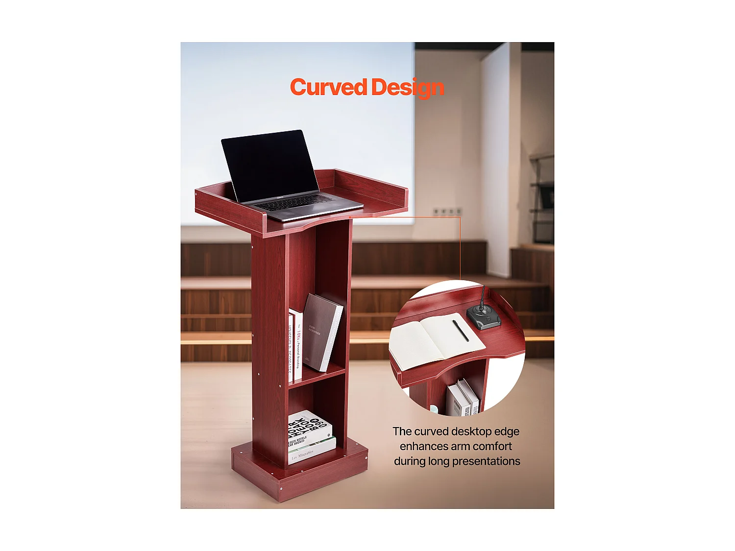 Atril de Conferencia SucceBuy 105 cm, Podio de Pie en Madera, Atril para Presentación con Amplia Superficie de Lectura, Topes para Libros y Estante