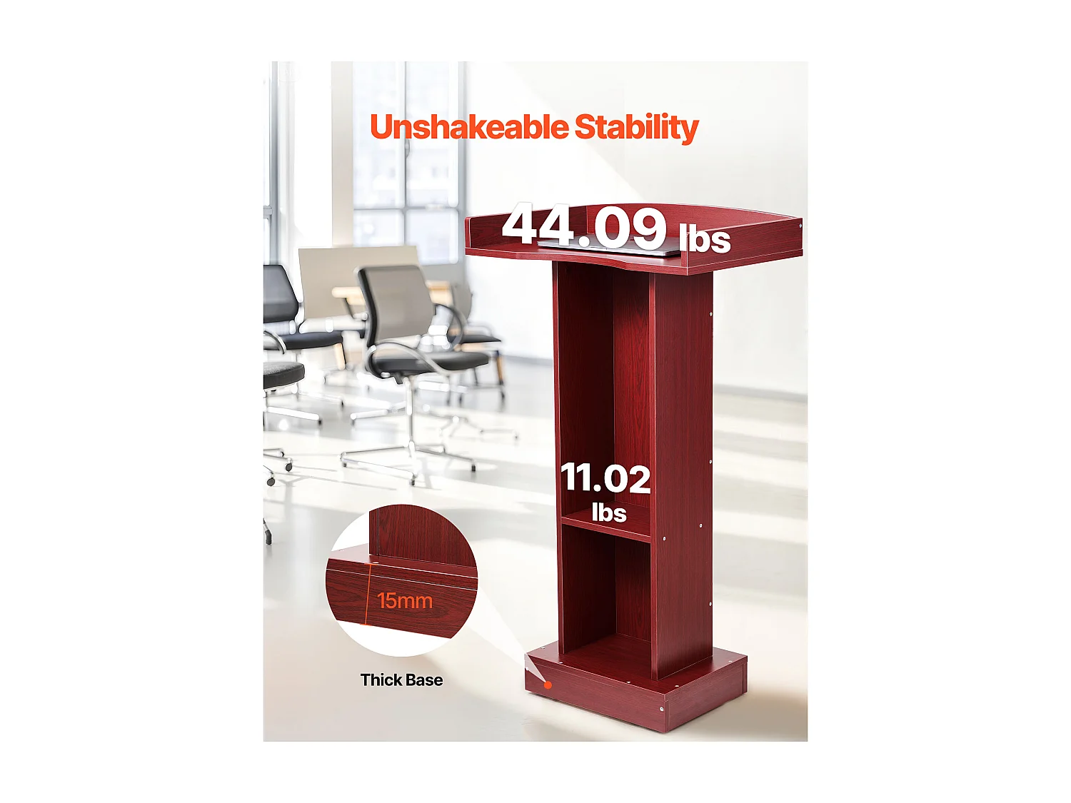 Atril de Conferencia SucceBuy 105 cm, Podio de Pie en Madera, Atril para Presentación con Amplia Superficie de Lectura, Topes para Libros y Estante