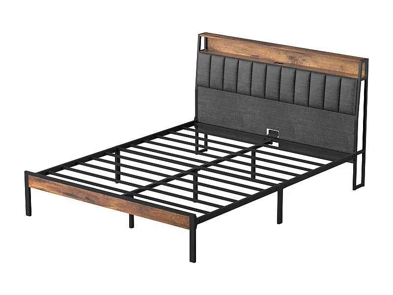 Cadre de lit 140 x 200 avec Base en métal, avec lumières LED et Prises Multiples (1 Prise AC, 2 Ports USB), avec casier, Hauteur 26,5 cm, Couleurs Vintage et Gris