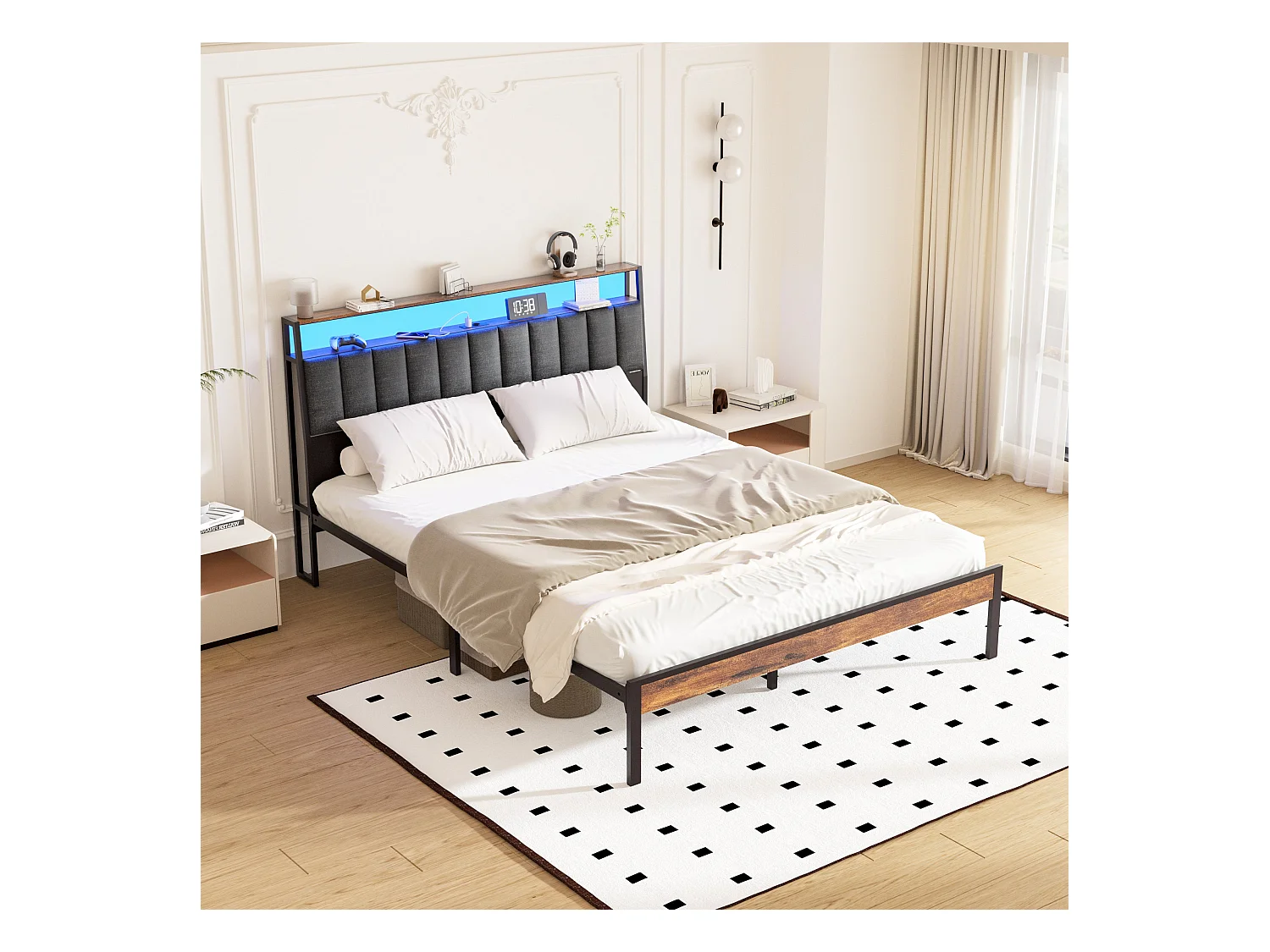 Cadre de lit 140 x 200 avec Base en métal, avec lumières LED et Prises Multiples (1 Prise AC, 2 Ports USB), avec casier, Hauteur 26,5 cm, Couleurs Vintage et Gris