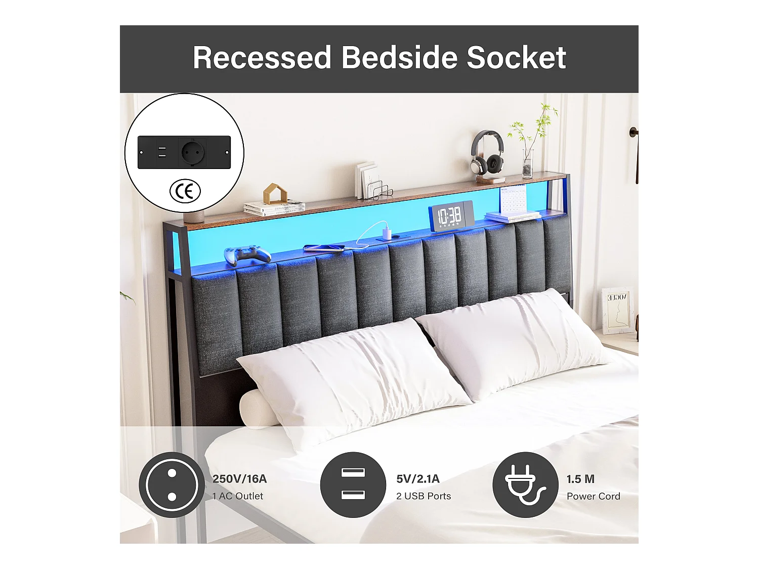 Cadre de lit 140 x 200 avec Base en métal, avec lumières LED et Prises Multiples (1 Prise AC, 2 Ports USB), avec casier, Hauteur 26,5 cm, Couleurs Vintage et Gris