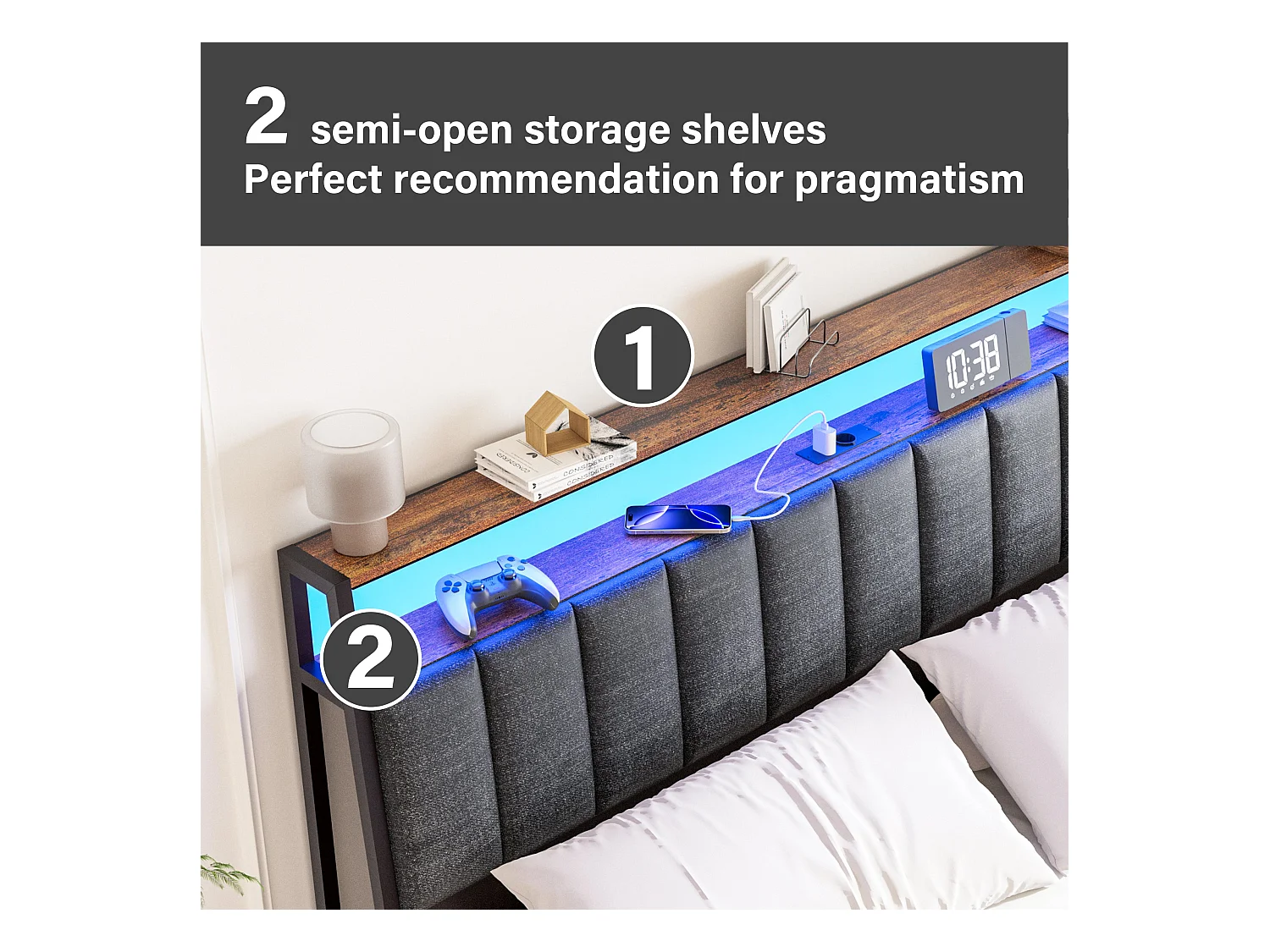 Cadre de lit 140 x 200 avec Base en métal, avec lumières LED et Prises Multiples (1 Prise AC, 2 Ports USB), avec casier, Hauteur 26,5 cm, Couleurs Vintage et Gris