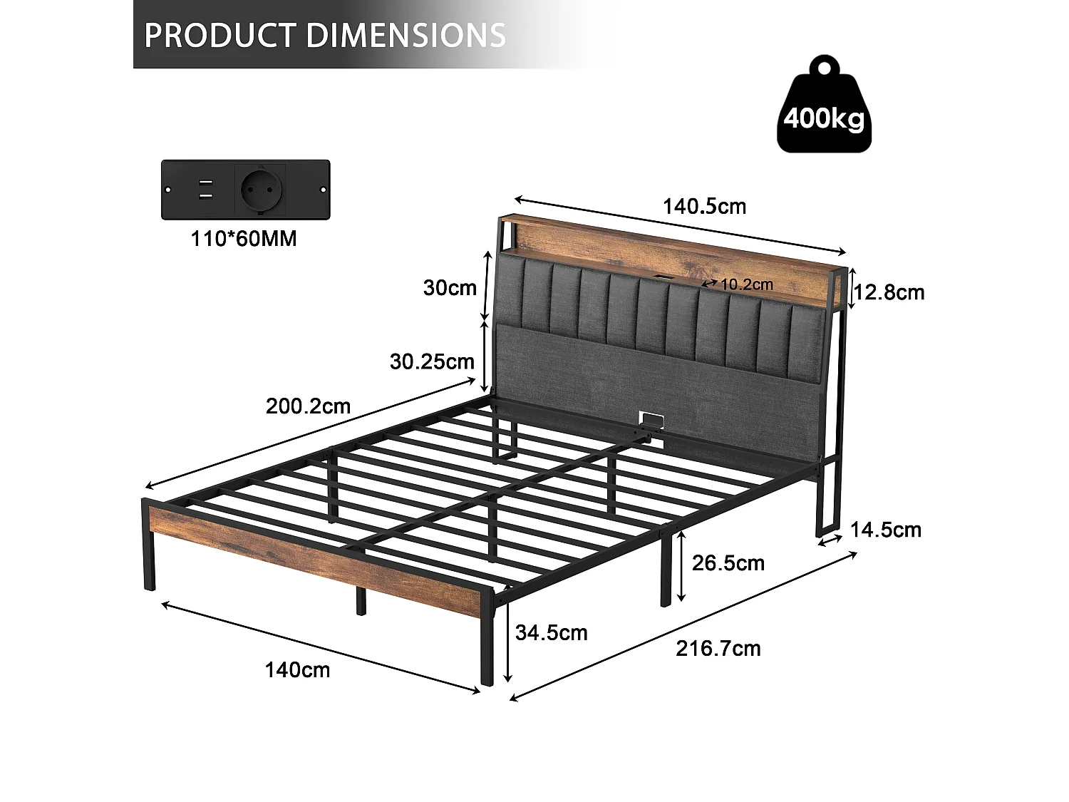 Cadre de lit 140 x 200 avec Base en métal, avec lumières LED et Prises Multiples (1 Prise AC, 2 Ports USB), avec casier, Hauteur 26,5 cm, Couleurs Vintage et Gris