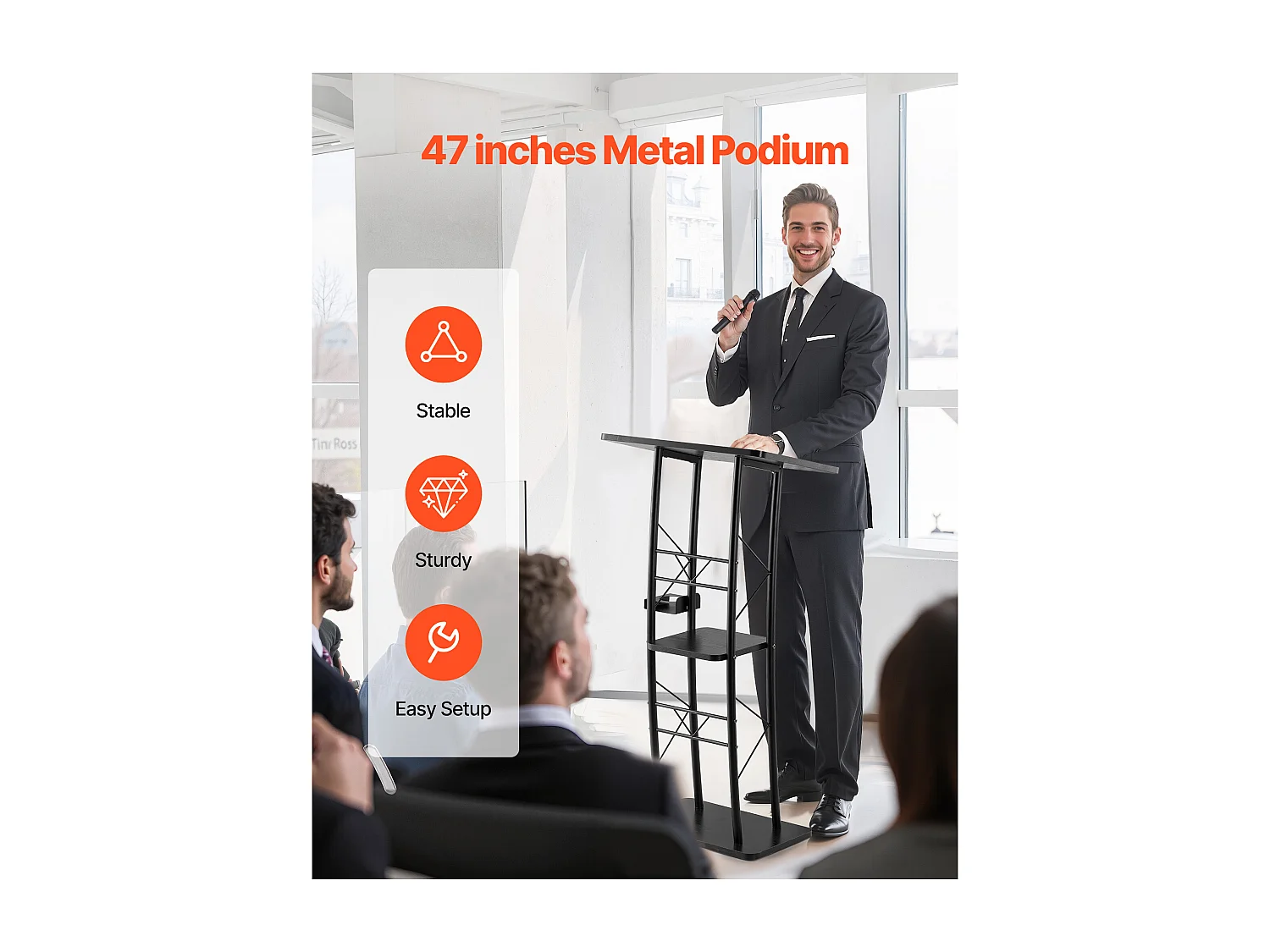 Pupitre da Conferenza SucceBuy, 118 cm, Podio in Metallo, Leggio per Presentazioni con Ampia Superficie di Lettura, Portabicchieri, per Ufficio Scuola