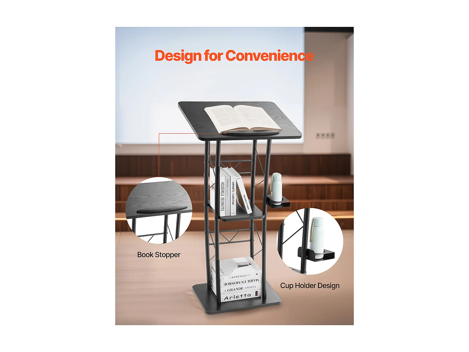 Pupitre da Conferenza SucceBuy, 118 cm, Podio in Metallo, Leggio per Presentazioni con Ampia Superficie di Lettura, Portabicchieri, per Ufficio Scuola