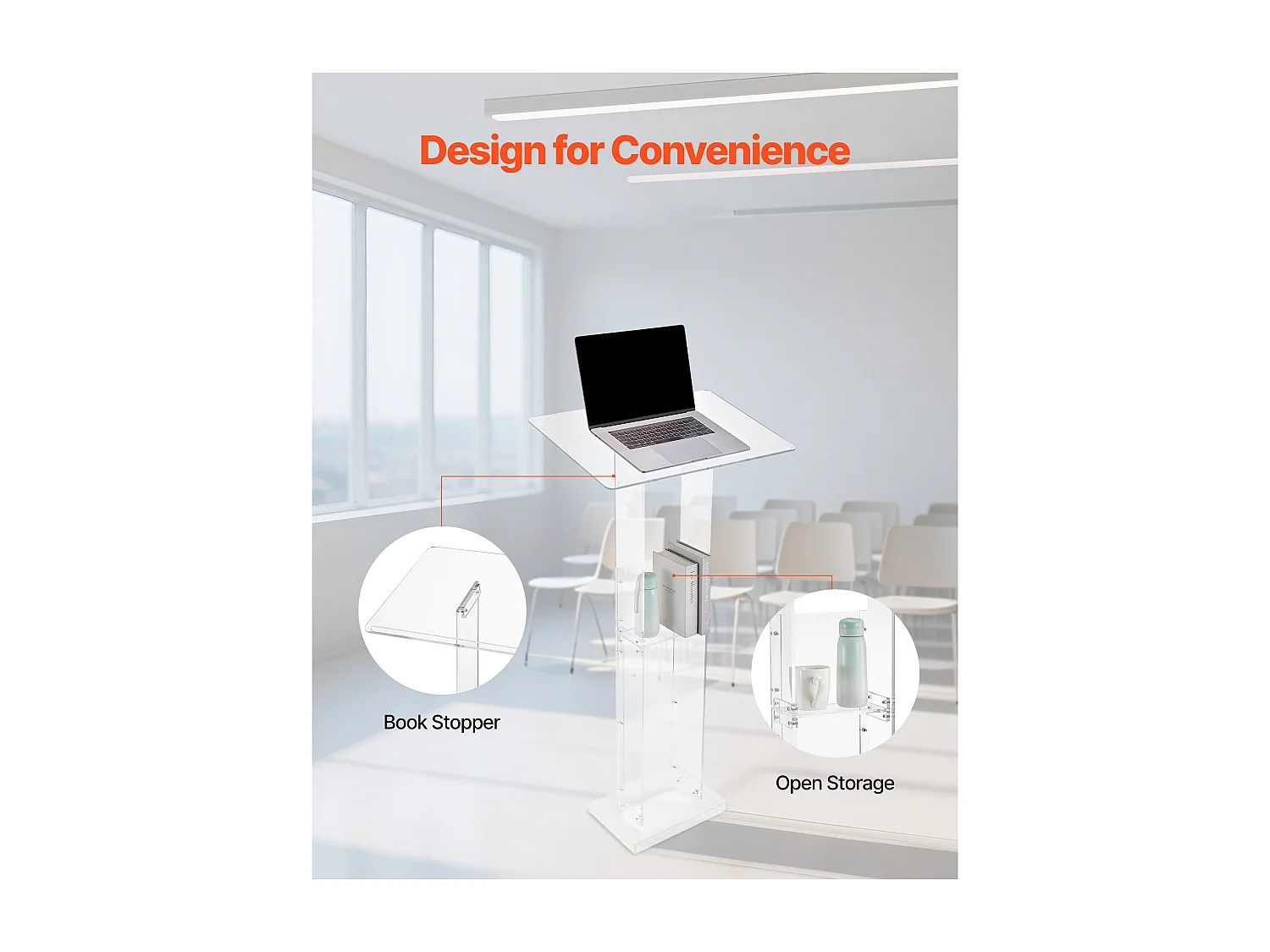 Pulpit Konferencyjny SucceBuy 126,5 cm, Podium na Nodze z Akrylu, Pulpit do Prezentacji z Dużą Powierzchnią do Czytania, Uchwyt na Książkę i Półka