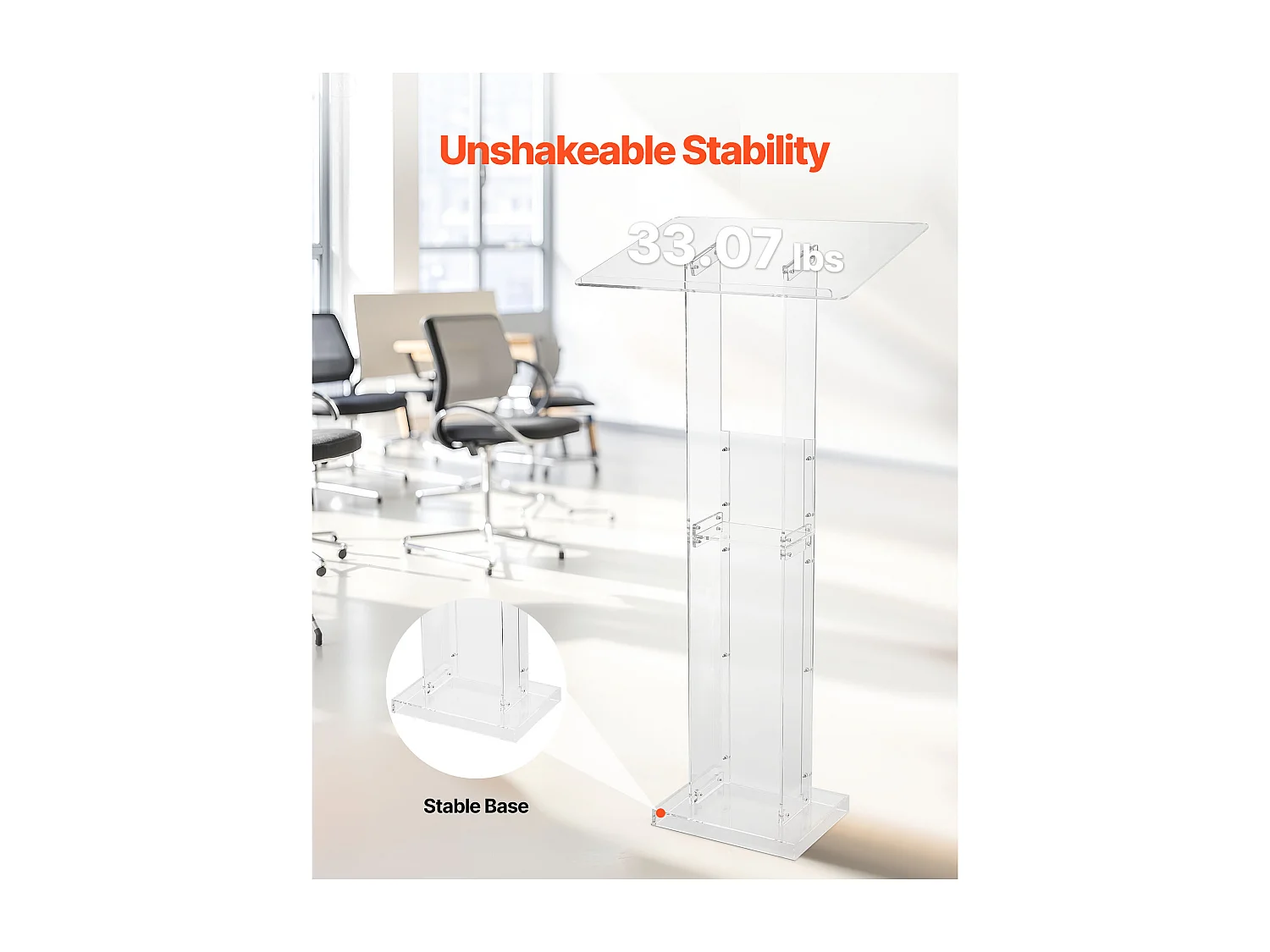 Pulpit Konferencyjny SucceBuy 126,5 cm, Podium na Nodze z Akrylu, Pulpit do Prezentacji z Dużą Powierzchnią do Czytania, Uchwyt na Książkę i Półka