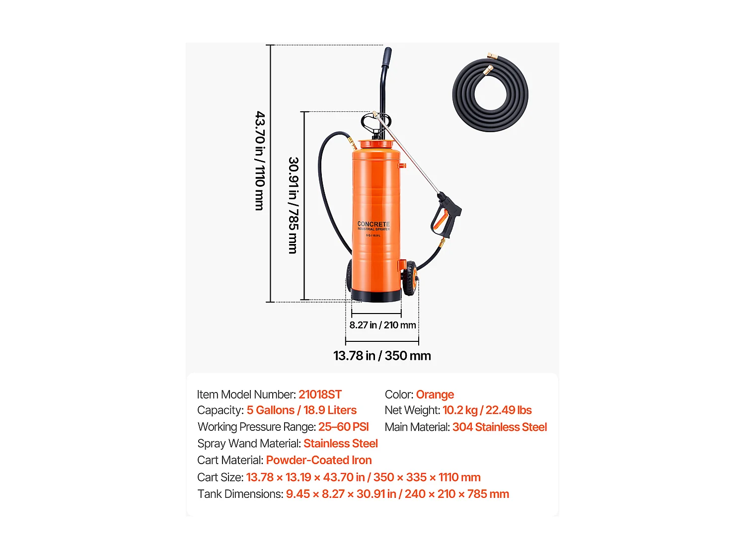 Opryskiwacz SucceBuy ze Stali Nierdzewnej Przemysłowej na Kółkach, Pojemność Ok. 19 l, Pompa Ręczna, z Lancą 52 cm, Wężem 1,2 m i 3 m, 2 Dysze Mosiężn