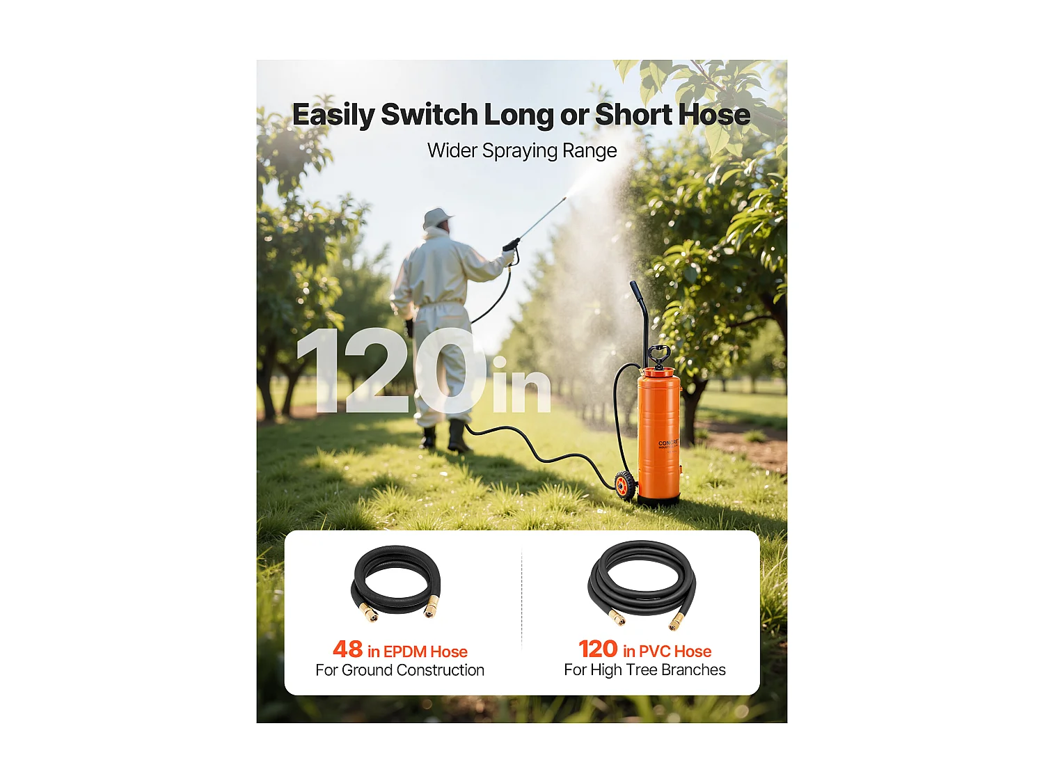 Industriële Roestvrijstalen Sproeier SucceBuy op Wieltjes, Inhoud Ca. 13,2 l, Handpomp, met Spuitlans 52 cm, Slang 1,2 m en 3 m, 2 Messing Spuitmonden