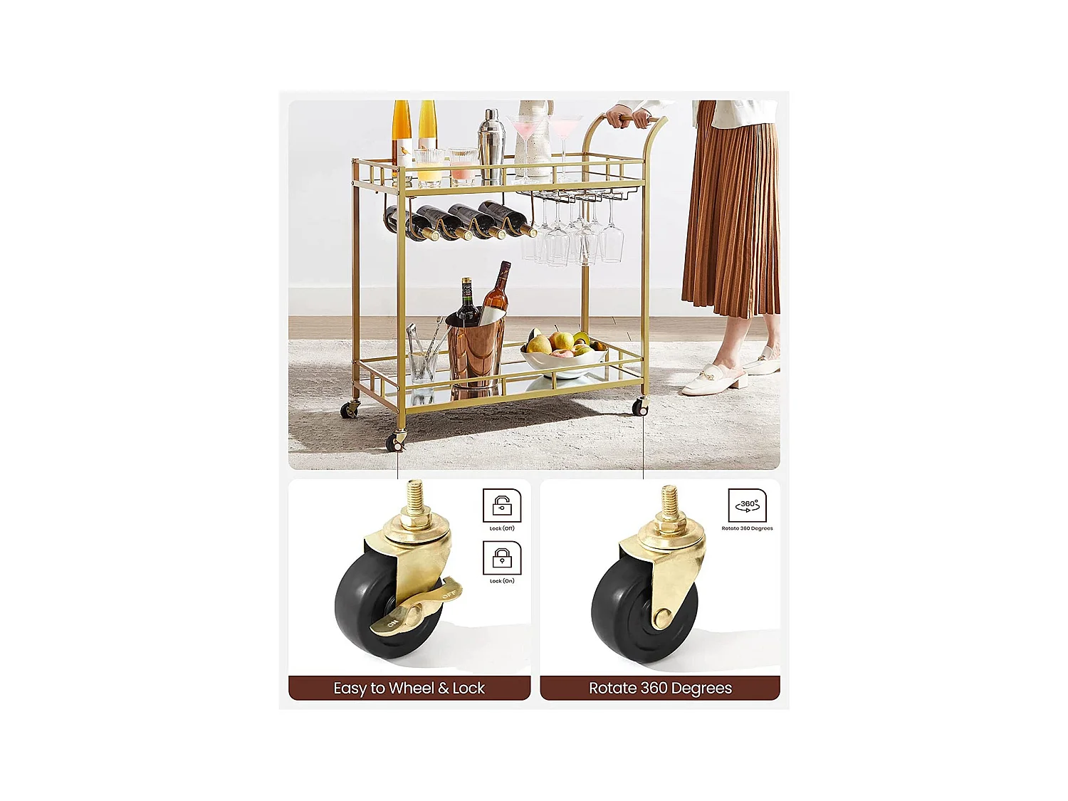 Chariot de service avec plateaux en verre