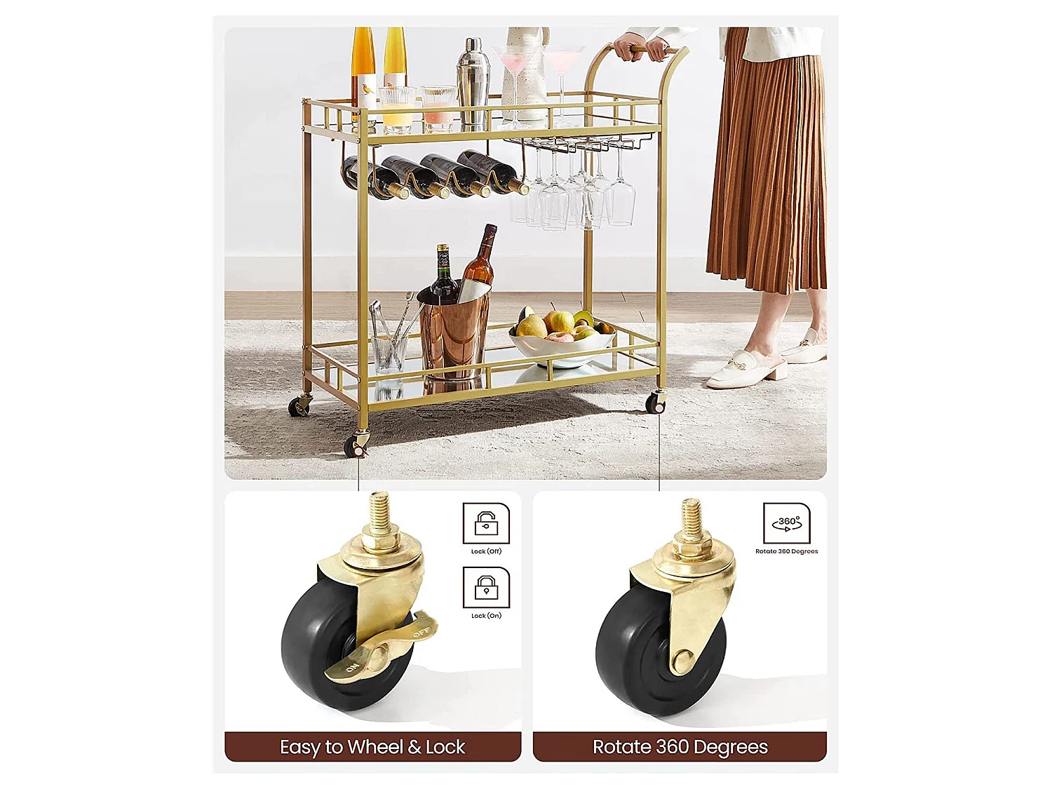 Chariot de service avec plateaux en verre