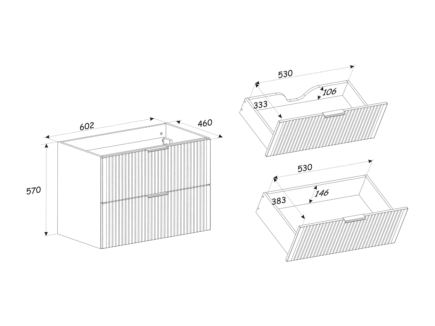 Meuble sous vasque suspendu strié avec planche - Naturel clair et noir - 60 cm - MADELA
