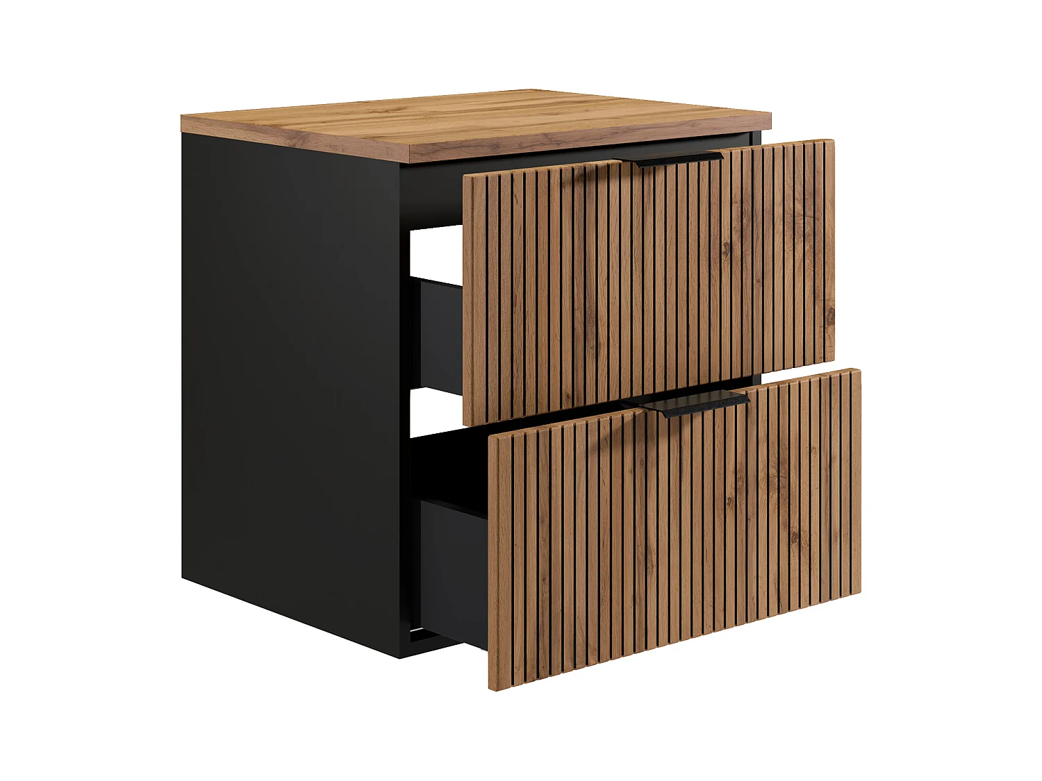 Meuble sous vasque suspendu strié avec planche - Naturel clair et noir - 60 cm - MADELA