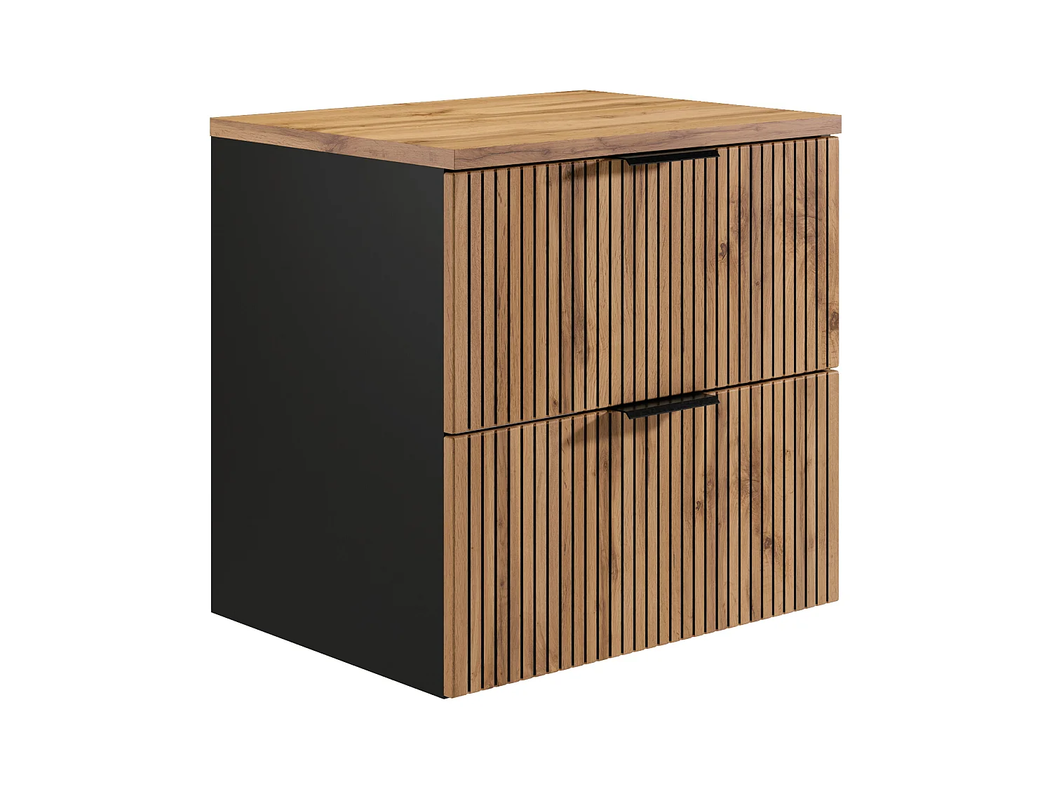 Meuble sous vasque suspendu strié avec planche - Naturel clair et noir - 60 cm - MADELA