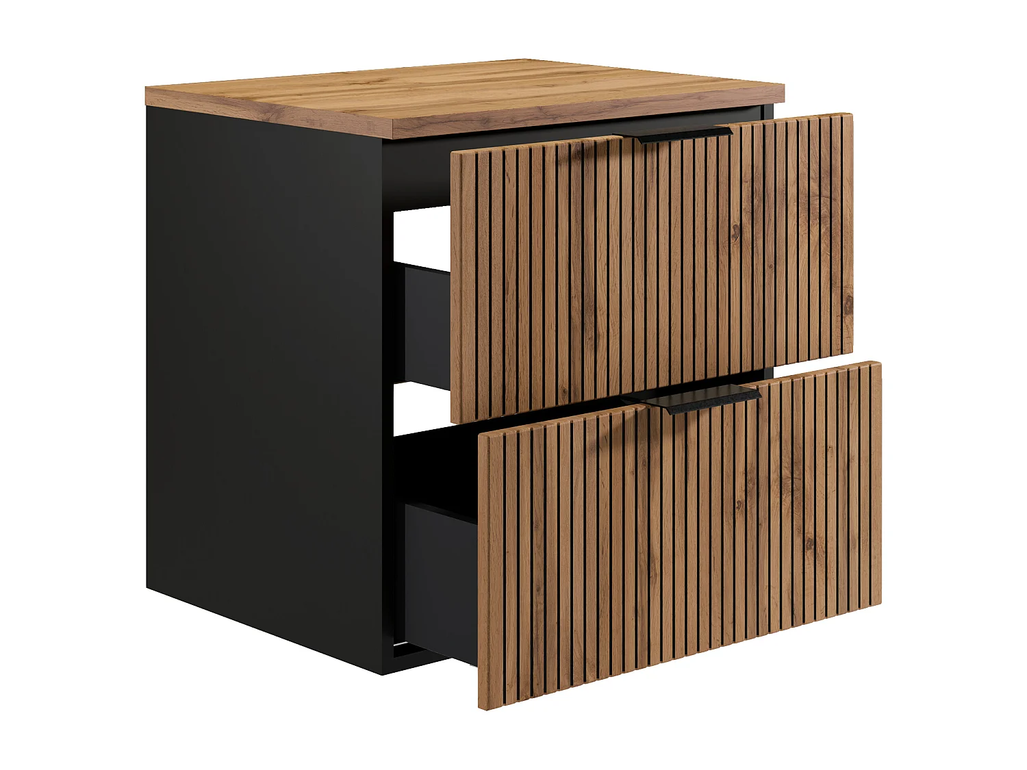 Meuble sous vasque suspendu strié avec planche - Naturel clair et noir - 60 cm - MADELA