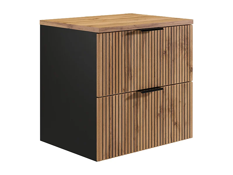 Mobile sotto lavabo sospeso con scanalature con ripiano Naturale chiaro e nero 60 cm - MADELA