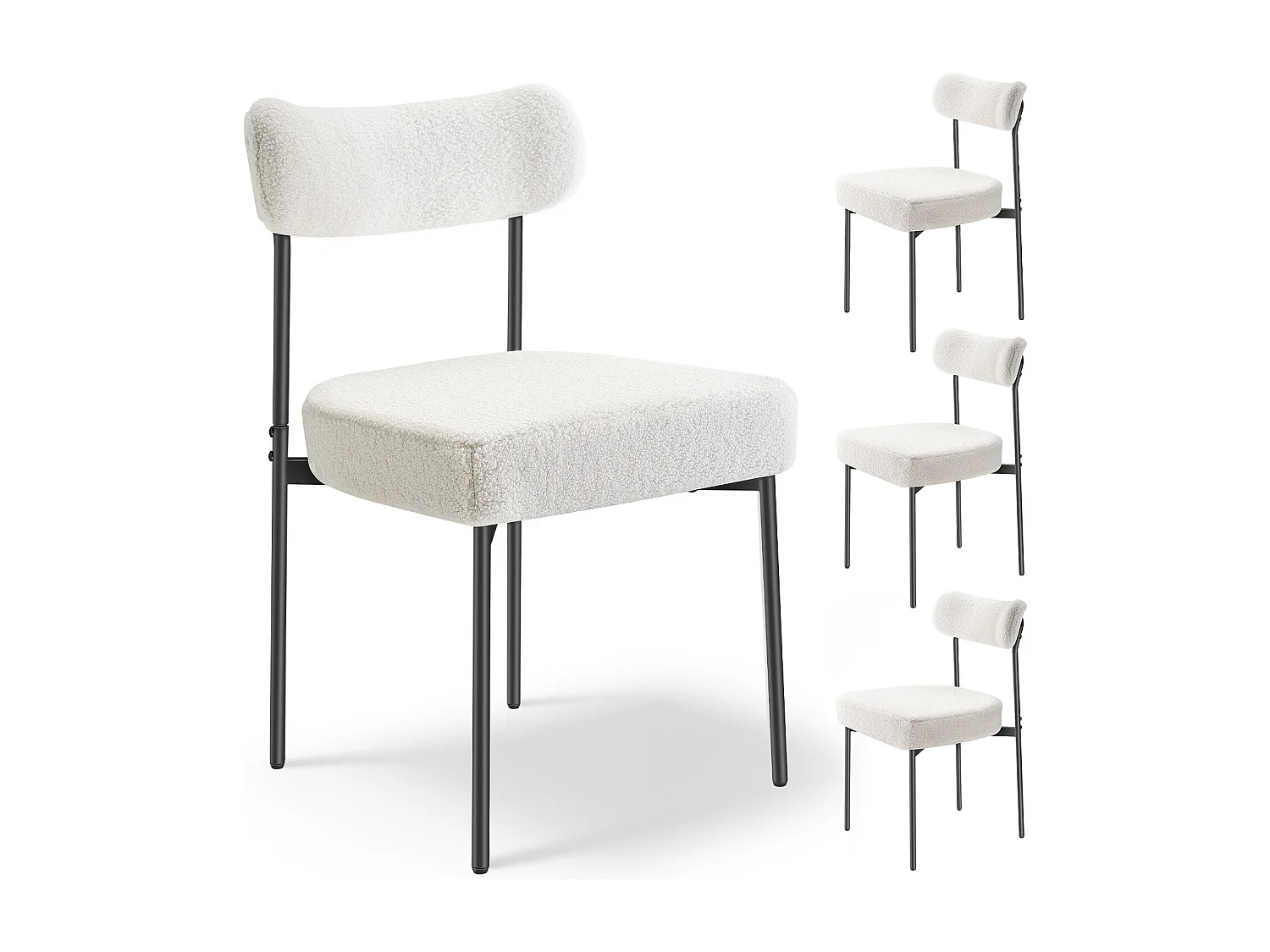 Chaises Salle À Manger Bouclettes SucceBuy, Ensemble Chaises de Cuisine Sherpa 4 Pièces, avec Dossier Incurvé Et Pieds en Métal, pour Table À Manger, Blanc